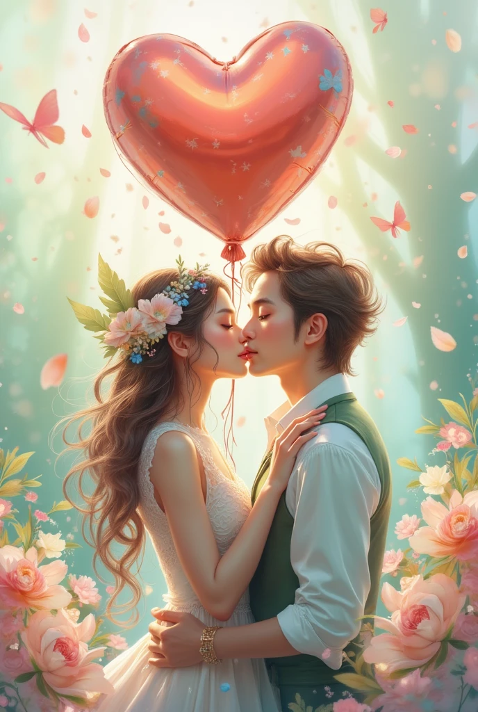 anime couple kissing in front of a heart shaped balloon, kissing together cutely, concept art of love, 4 k manga wallpaper, shoujo romance, ross tran and ilya kuvshinov, lovely kiss, sakimichan and makoto shinkai, sakimichan and frank franzzeta, guweiz and makoto shinkai