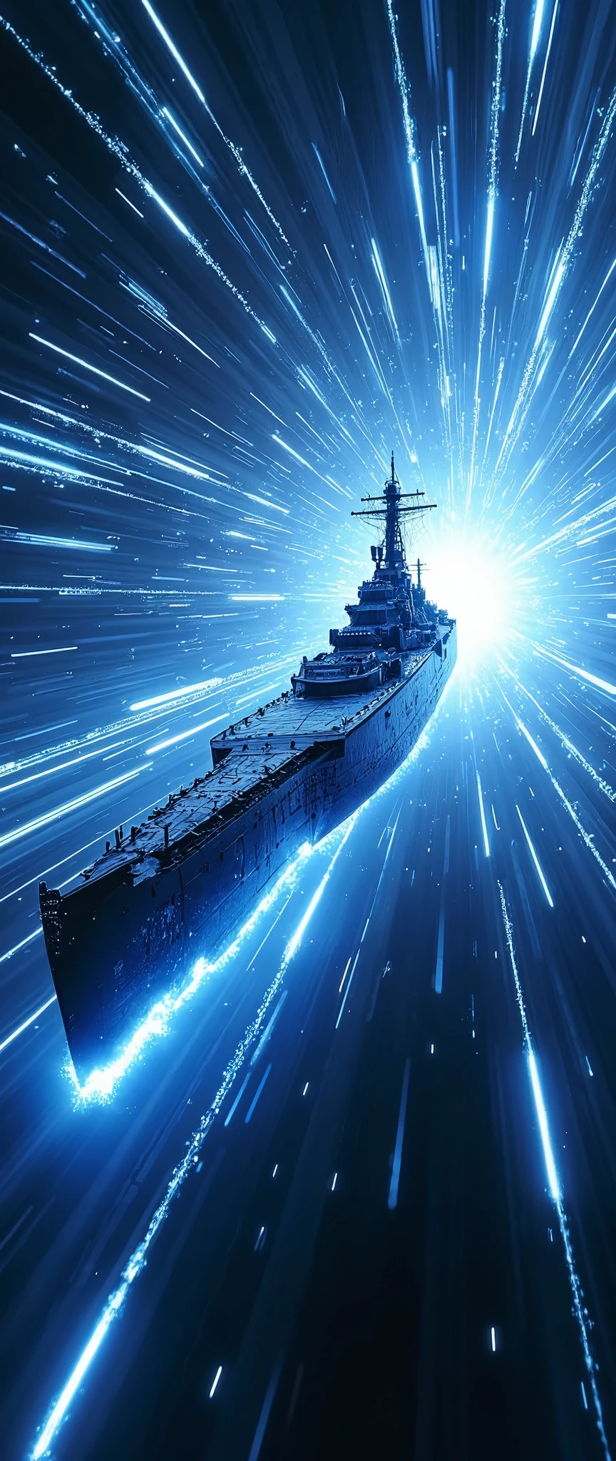 (masterpiece:1.2,Outstanding quality,Mirror finish, Cinematic Experience ),8k,wallpaper,Realistic,(DSLR Canon Style),( battleship type spacecraft warps with beautiful lines of light :2.0),(SF:2.0),( streamlined spaceship reminiscent of the Yamato battleship :2.0),(dynamic),( Beautiful light particles are being emitted from the wave engine at the stern:2.0),(Express super speed of light with beautiful blue and white light lines :2.0),( The background is a wormhole and subspace  :2.0),(motion blur),(Vivid colors:2.0)