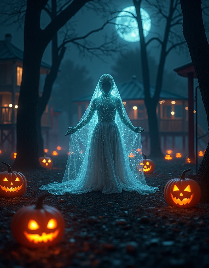 HalloweenGlowStyle ，Playground，Halloween,   dark , atmosphere, night, glow, (masterpiece:1.3) ( is the best quality:1.2) ( high quality:1.1)