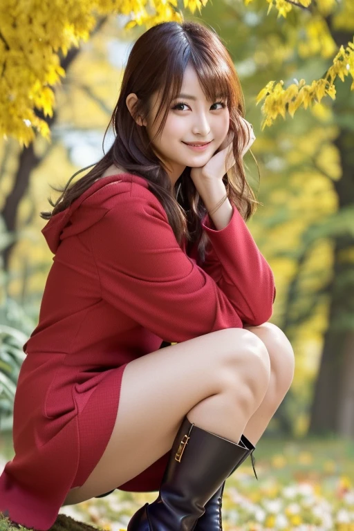 Japanese model wearing a red coat and black boots sitting on a yellow leaf,  Elegant Japanese woman,   wearing a red jacket , Cute Japanese Actress,  looking at the camera 、Detailed and beautiful eyes、Cute smile、A soft and gentle look