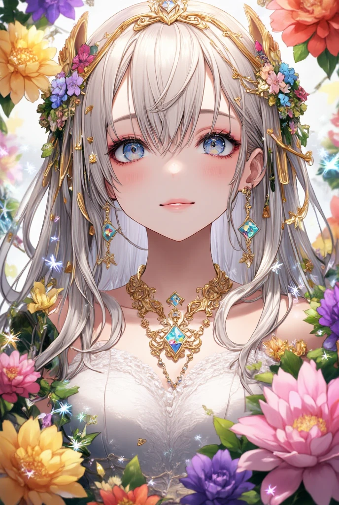 This is a highly detailed, digital artwork in an anime style, depicting a young woman with an ethereal, otherworldly appearance. She has long, flowing, silver-white hair adorned with intricate floral patterns and golden accents, cascading down her back and shoulders. Her large, expressive blue eyes are framed by delicate, long eyelashes, and she has a serene, almost melancholic expression on her face. She is dressed in a sheer, white, lace-like garment that clings to her body, revealing a hint of her slender frame and small breasts.

The background is a vibrant, multicolored floral garden filled with large, blooming flowers in shades of yellow, orange, pink, and purple. The flowers are depicted with rich textures and intricate details, adding depth and contrast to the image. Golden vines and leaves intertwine around her, creating a mystical, almost fairy-like atmosphere. Sparkling, glowing particles and light beams emanate from her hair and the flowers, enhancing the magical and fantastical feel of the artwork.

The overall composition is highly symmetrical, with the woman's face and body centered, surrounded by the colorful floral elements. The image is rich in detail and color, with a high level of realism and vibrancy characteristic of high-quality digital art.