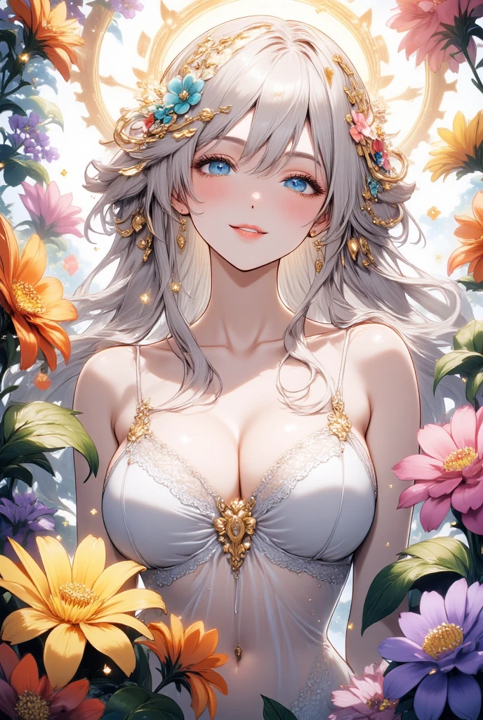 This is a highly detailed, digital artwork in an anime style, depicting a young woman with an ethereal, otherworldly appearance. She has long, flowing, silver-white hair adorned with intricate floral patterns and golden accents, cascading down her back and shoulders. Her large, expressive blue eyes are framed by delicate, long eyelashes, and she has a serene, almost melancholic expression on her face. She is dressed in a sheer, white, lace-like garment that clings to her body, revealing a hint of her slender frame and small breasts.

The background is a vibrant, multicolored floral garden filled with large, blooming flowers in shades of yellow, orange, pink, and purple. The flowers are depicted with rich textures and intricate details, adding depth and contrast to the image. Golden vines and leaves intertwine around her, creating a mystical, almost fairy-like atmosphere. Sparkling, glowing particles and light beams emanate from her hair and the flowers, enhancing the magical and fantastical feel of the artwork.

The overall composition is highly symmetrical, with the woman's face and body centered, surrounded by the colorful floral elements. The image is rich in detail and color, with a high level of realism and vibrancy characteristic of high-quality digital art.