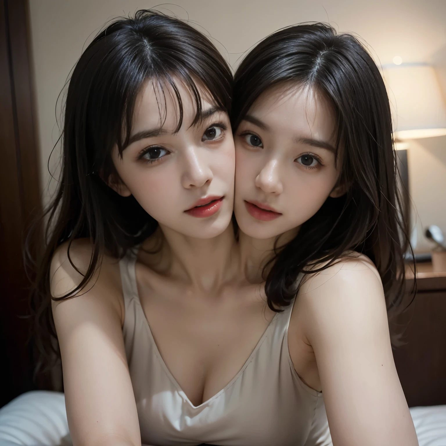 ((best quality)), ((masterpiece)), ((perfect face))、Detailed and clear photos、(((two beautiful women kissing on the bed)))、(((nude)))、smile、slender body
