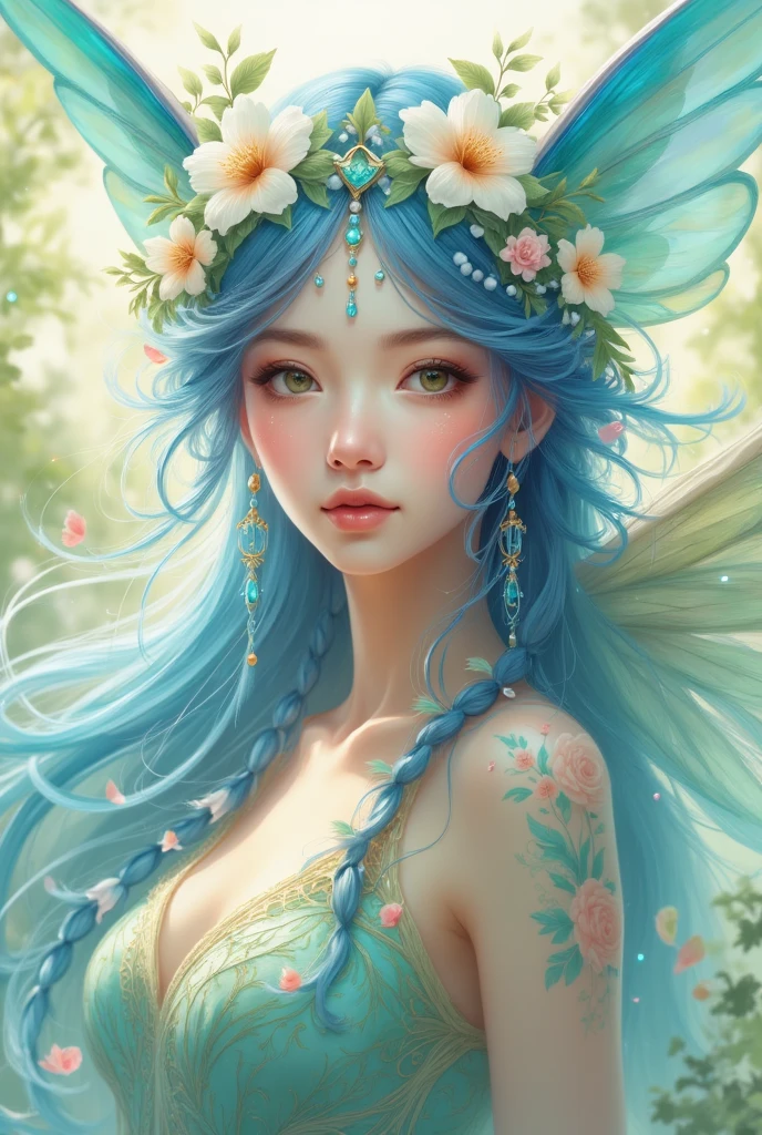 anime girl with blue hair and flowers in her hair, beautiful young wind spirit, of an beautiful angel girl, a beautiful artwork illustration, beautiful anime girl, beautiful anime portrait, digital art on pixiv, beautiful anime style, soft anime illustration, ethereal anime, beautiful anime, anime girl with long hair, beautiful fantasy anime, trending on artstration, beautiful anime woman