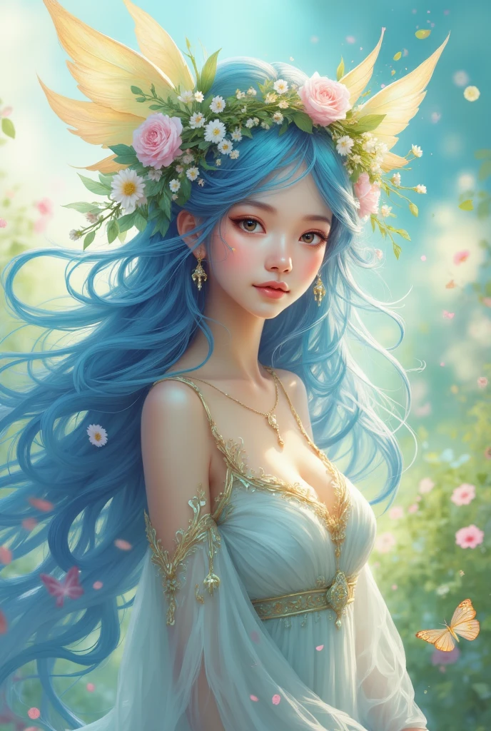 anime girl with blue hair and flowers in her hair, beautiful young wind spirit, of an beautiful angel girl, a beautiful artwork illustration, beautiful anime girl, beautiful anime portrait, digital art on pixiv, beautiful anime style, soft anime illustration, ethereal anime, beautiful anime, anime girl with long hair, beautiful fantasy anime, trending on artstration, beautiful anime woman