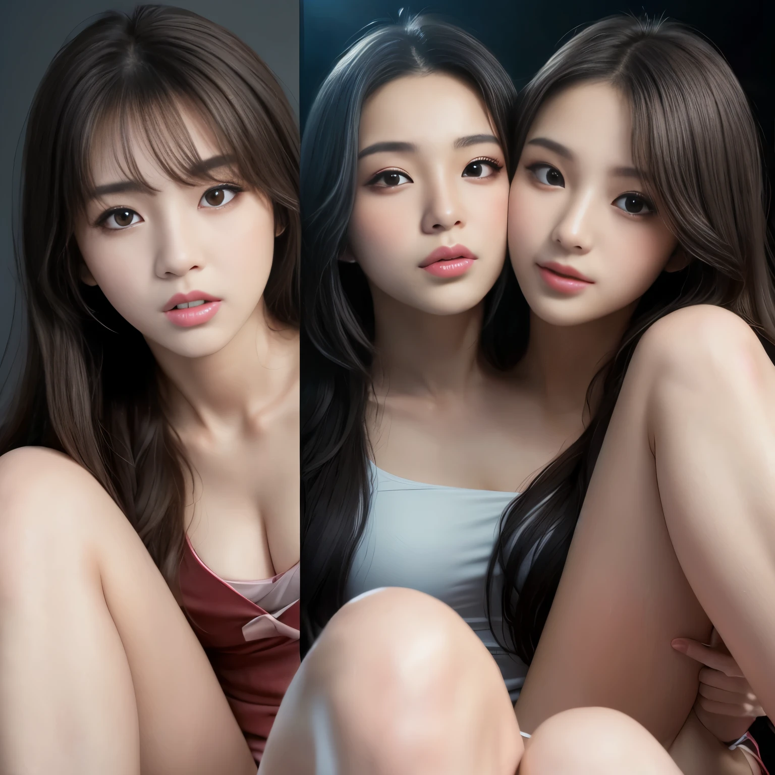 korean adult women, (twpheads:1.2), long hair, princess, extreme close-up, face in front of camera, korean, kpop, korean drama star, princess, ulzzang-6500-v1.1, (Raw photo:1.2), (Photorealistic:1.4), rubbing cheeks together, Very detailed eyes and face, Beautiful detailed eyes, Ridiculous, Incredibly ridiculous, Ultra detailed, High resolution, Very detailed, Best quality, Masterpiece, unified, 8k wallpaper, fantastic, fine detail, masterpiece, top quality, highly detailed cg uniform 8k wallpaper,movie lighting, (dynamic pose))), (knee bending leg sitting)), conjoined_dicephalus, (two heads:1.3)
