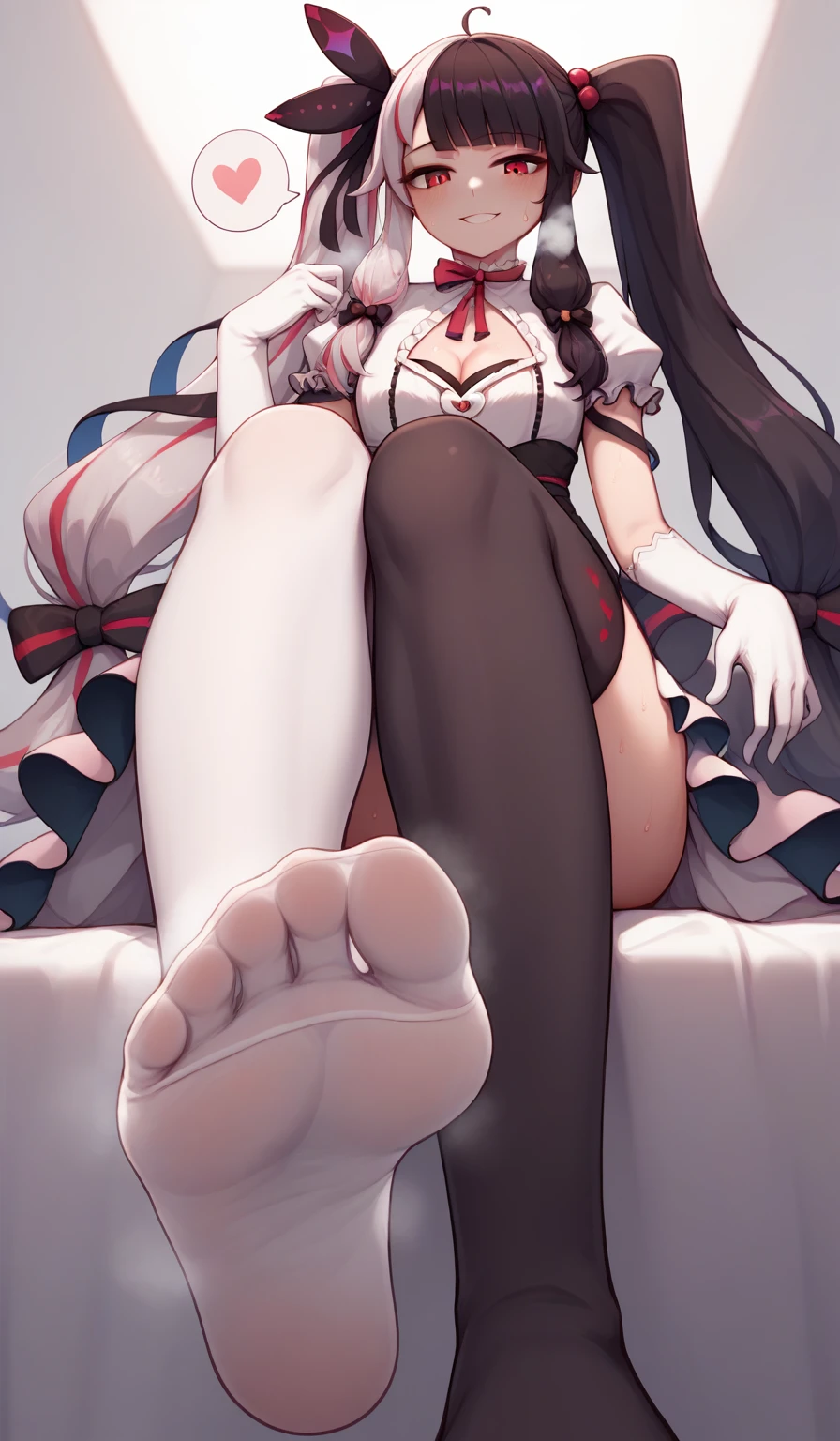 rena, twintails, very long hair, white gloves, puffy short sleeves, cleavage cutout, two-tone dress, asymmetrical legwear, mismatched legwear, {{{thighhighs}}}, Sitting at the bet, Low Angle, Foot Focus, Perfect feet, Anatomically correct, kind smile, spoken heart, {{{vulgarity}}}, breath, heavy breathing, breathless, foot sweat, perspired, humid, looking down at viewer,