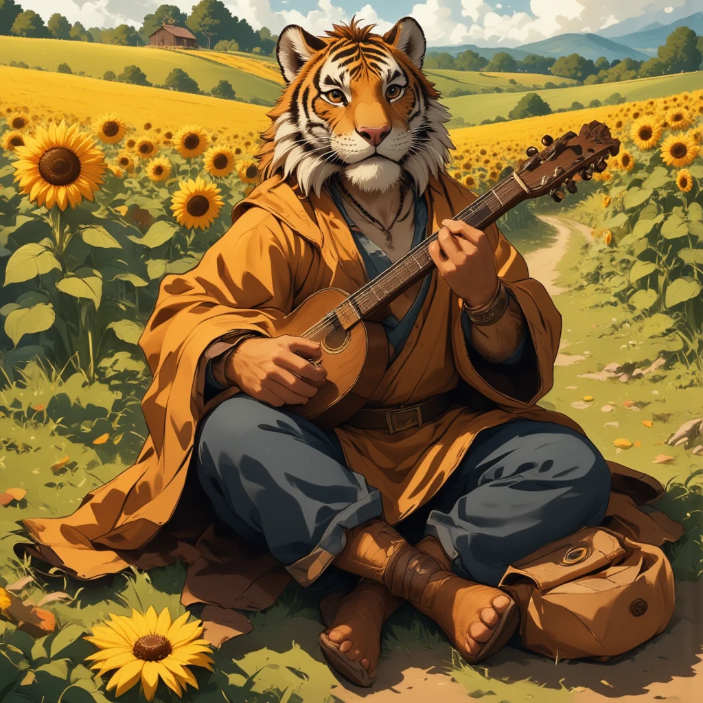 character focus, full body, looking away, dynamic angle, bard, middle-aged tiger man, happy, little smile, lute, costume clothes, shirt, pants, boots, sitting, musical performance, BREAK full body in Michelangelo Buonarroti style, housamo style, digital illustration anime, detailed landscape design, afternoon, path, sunflower field, outdoor, full color, HDR, BREAK complete anatomy, perfect proportions, beautiful thigh gap, fluffy body, intricate fur details, beautiful fur texture, BREAK a detailed tiger 1tail, detailed toe, 5toes, 5toes nails, detailed foot, detailed hands, 5fingers, 5fingers nails, BREAK aesthetic anime face, insanity detailed face, male face, big face, square jawline, aesthetic anime eyes, detailed brown eyes, detailed brown cornea, detailed dark brown irises, detailed pupils, male eyes, big eyes, male eyebrows, innocent look, beautiful beard, BREAK masterpiece, official art, best quality, very aesthetic, absurdres, super fine illustration, great quality, BREAK noise reduction, very highres, large filesize, high quality, 32K, 8k wallpaper, dynamic lighting, BREAK insanity detailed, ultra detailed, intricate details, extremely detailed, detailed texture, an extremely delicate and beautiful, BREAK e621 illustration, osukemo, kemohomo, anthropomorphic, furry, cartoon, harmonious, pastoral face, virtuous eyes, epic atmosphere