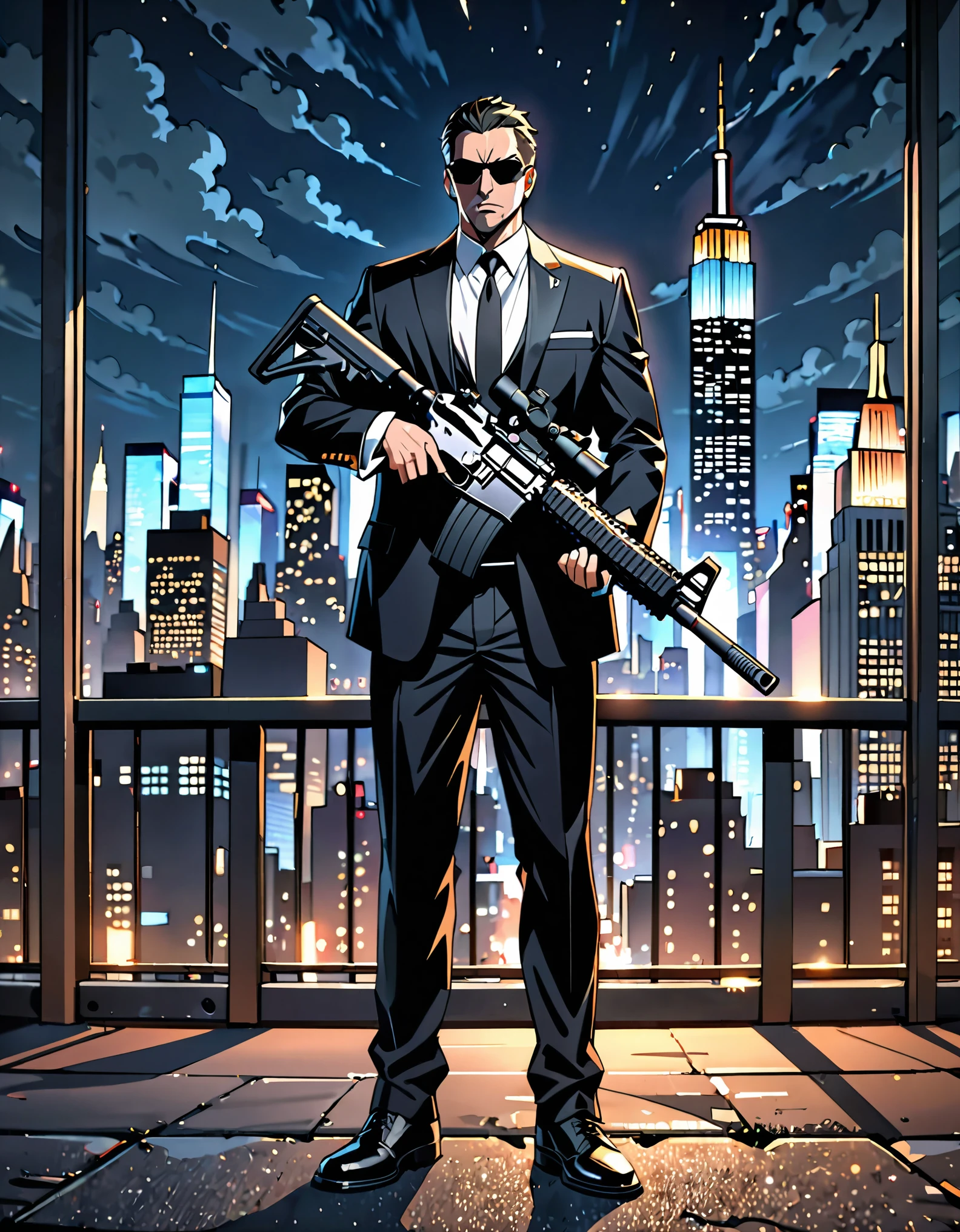 best quality, masterpiece, hires, 8k, solo, solo focus, 1male, male focus, Mafia enforcer with highly detailed AR-15 rifle, New York backdrop, nighttime, full body shot