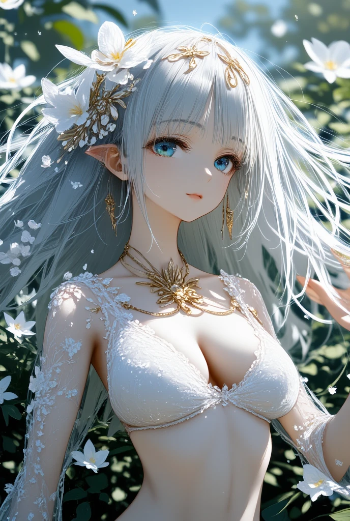 This is a highly detailed digital artwork depicting a young woman with an ethereal, otherworldly appearance. She has long, flowing silvery-white hair adorned with intricate floral patterns and golden accents, which cascades down her back and shoulders. Her large, expressive blue eyes are framed by long, delicate eyelashes and she has a calm, melancholy expression. She is dressed in a thin white lacy garment, with a slender frame and a hint of small breasts.

The background is a vibrant garden of white flowers, richly textured and intricately detailed. White flowers surround her, creating a mysterious, fairy-like atmosphere. Glittering particles and rays of light emanate from her hair and flowers, adding to the magical atmosphere of the work.

The overall composition is very symmetrical, with the woman's face and body in the centre, surrounded by white floral elements. The image is rich in detail and colour, displaying the high realism and vibrancy characteristic of high-quality digital art.

