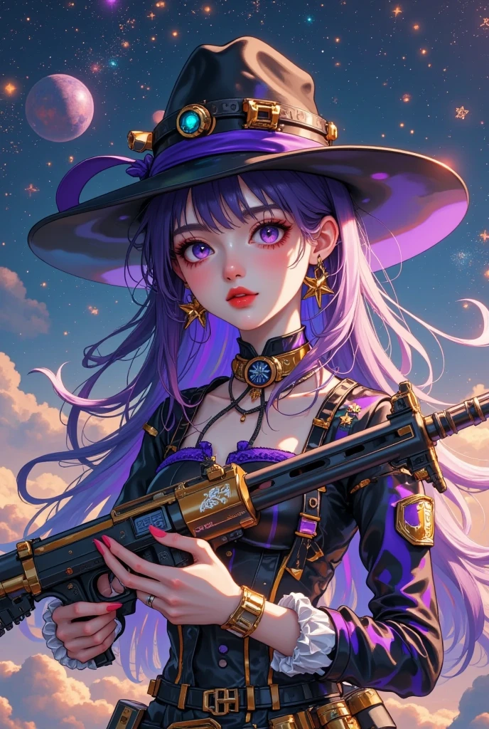 ( is the best quality,4K,8K, high resolution,masterpiece:1.2),Space Cowboys， super detailed, actual ,galaxy,Interstellar,1 person， Detailed Eyes, Detailed Lips , Cowboy Air Gear ,Cowboy hat,Technical clothing, Glowing Gear .((( Holding the gun with both hands，Target)))， Correct Humapture 