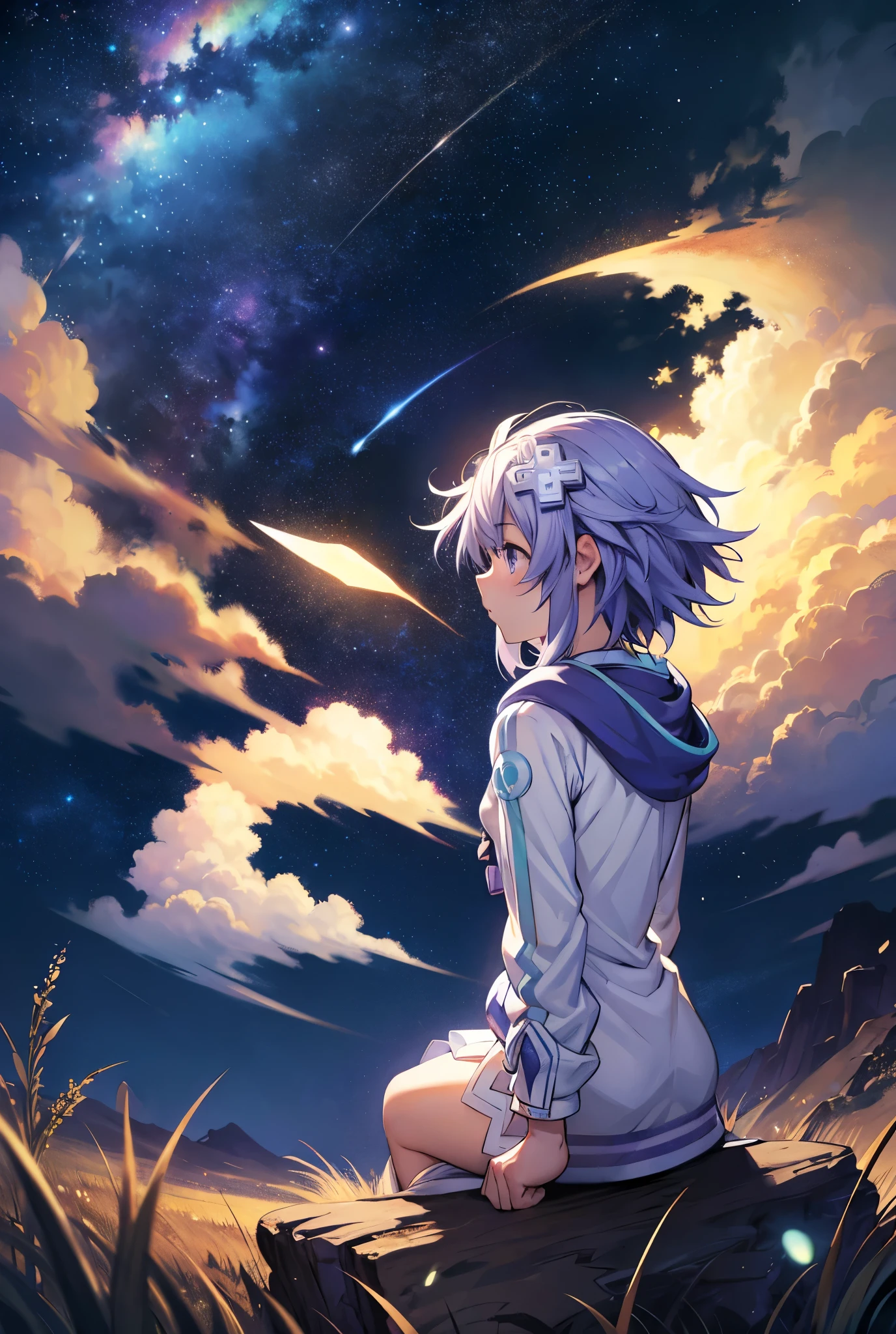 High resolution , masterpiece , The best quality, necessary, HD model, tall details , High quality, very detailed , Textured skin , UHD, foreground, Relaxed Scenery , In the field on a dark night with lots of stars, You can only see his back , looking into infinity, Neptunia's hair