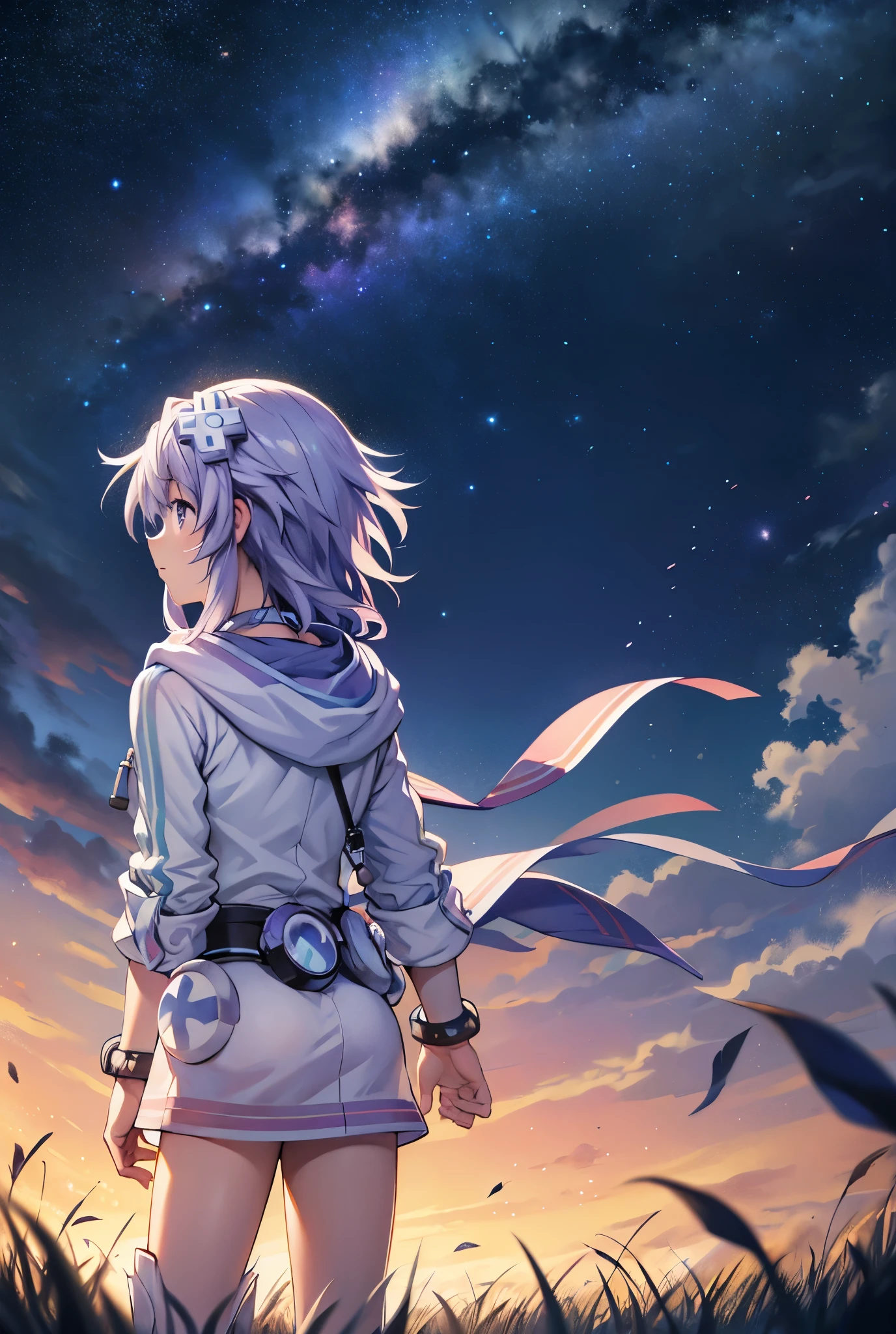 High resolution , masterpiece , The best quality, necessary, HD model, tall details , High quality, very detailed , Textured skin , UHD, foreground, Relaxed Scenery , In the field on a dark night with lots of stars, You can only see his back , looking into infinity, Neptunia's hair