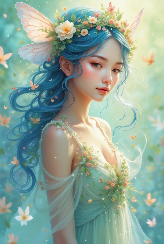 Images of peace and paradise anime girl with blue hair and flowers, beautiful young wind spirit, beautiful angelic girl, beautiful artwork illustration, beautiful anime girl, beautiful anime portrait, pixiv digital art, beautiful anime style, soft anime illustration, mystical anime, beautiful anime,. anime girl with long hair, beautiful fantasy anime, art installation trends, beautiful anime woman
