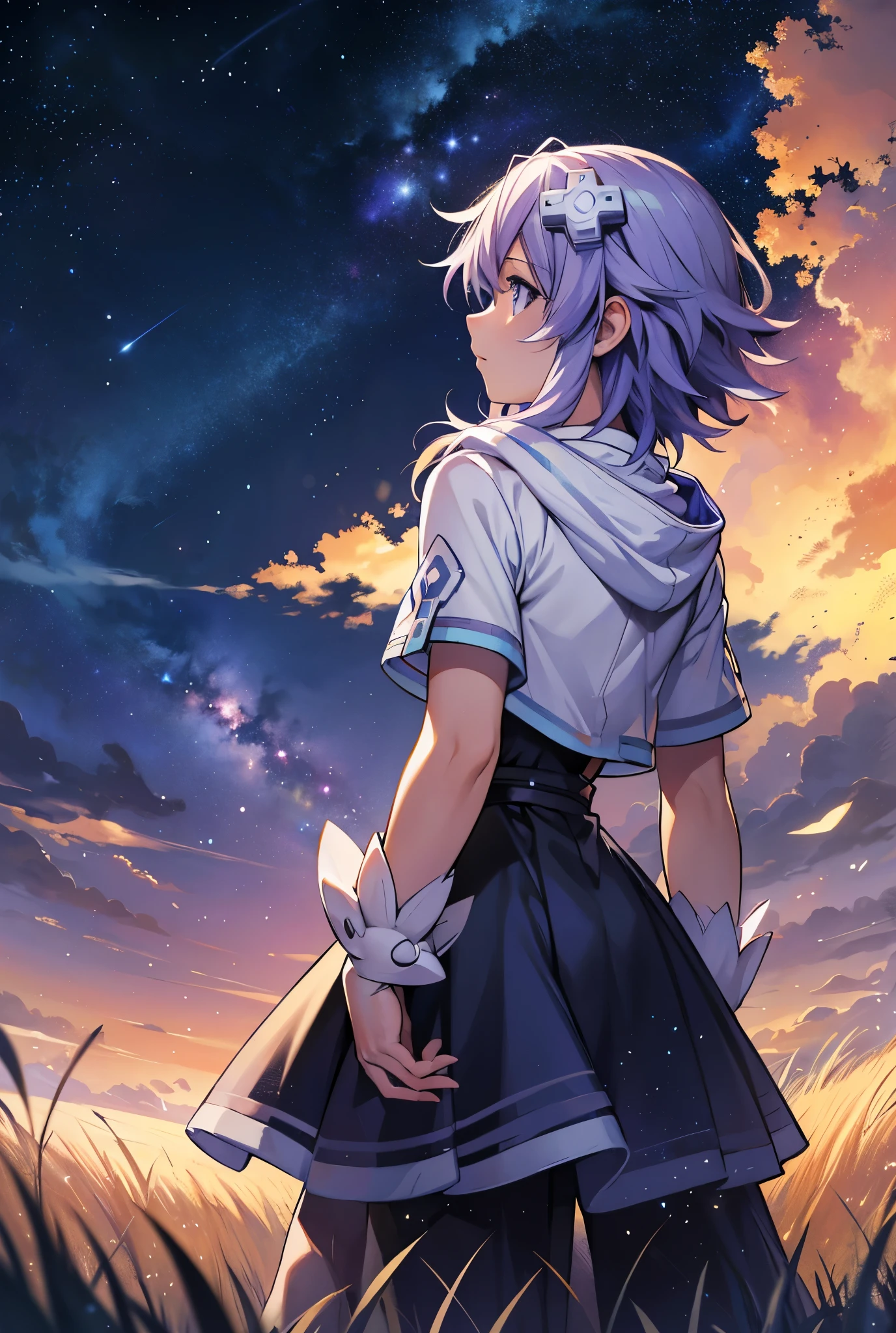  High resolution ,  masterpiece , The best quality, necessary, HD model,  tall details , High quality,  very detailed ,  Textured skin , UHD, foreground, Relaxed Scenery , In the field on a dark night with lots of stars, You can only see his back , looking into infinity, Neptunia's hair