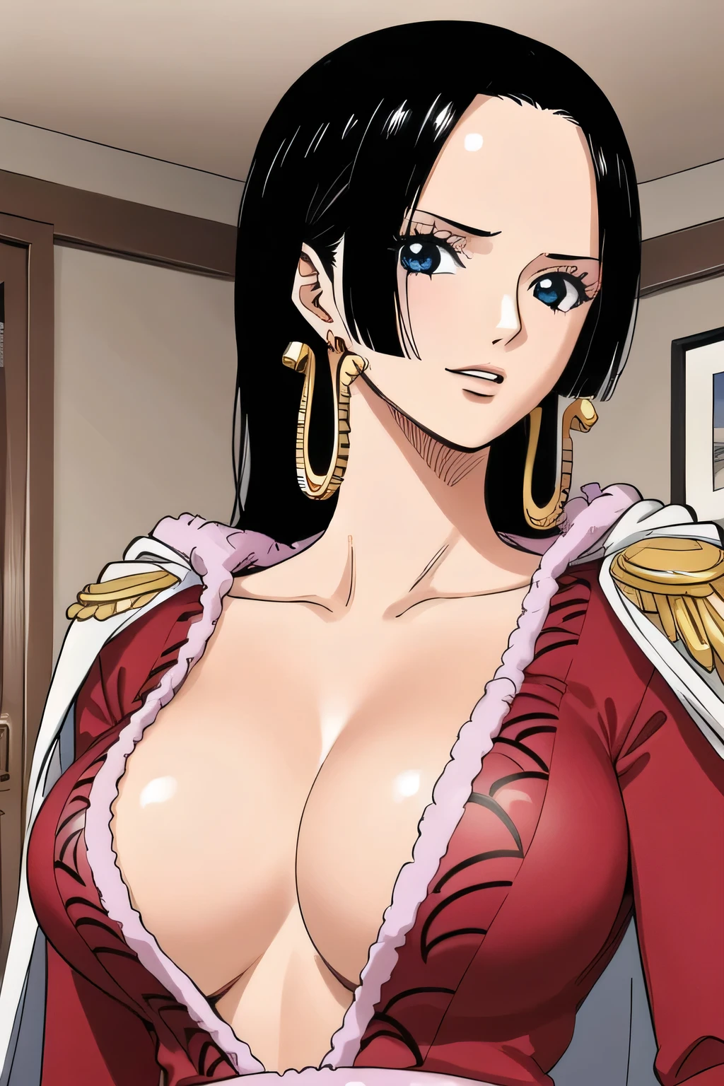 1girl, solo, masterpiece, high quality, boa hancock, jewelry, earrings, large breasts, cleavage, looking at viewer, upper body, indoor, detailed background, bedroom