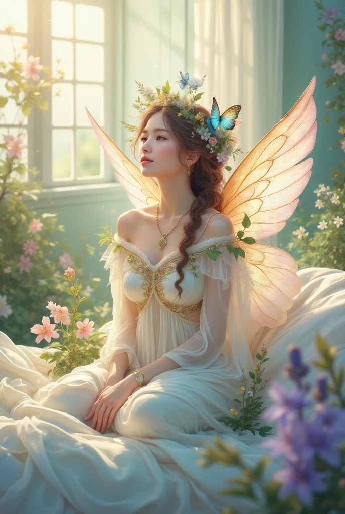 A peaceful angel with graceful wings sits on a cozy bed, stretching out with a faint smile on her face.” Soft, warm lighting and muted colors such as cream, light blue, and lavender. Surrounding the angel are gentle touches of nature, such as small plants and flowers, creating a calm, introspective mood.”