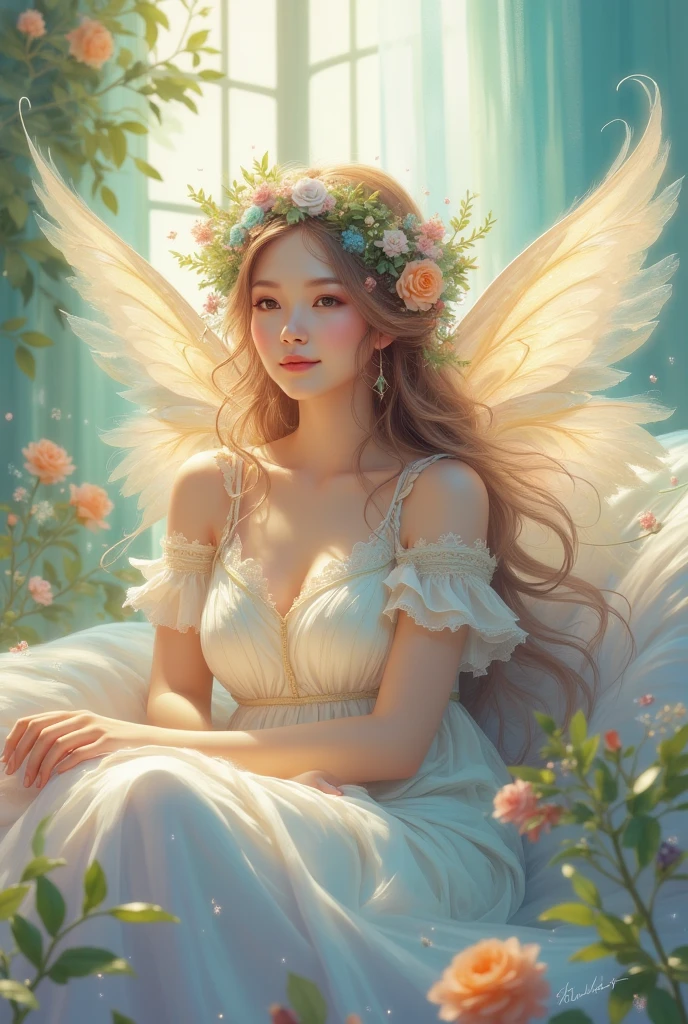 A peaceful angel with graceful wings sits on a cozy bed, stretching out with a faint smile on her face.” Soft, warm lighting and muted colors such as cream, light blue, and lavender. Surrounding the angel are gentle touches of nature, such as small plants and flowers, creating a calm, introspective mood.”