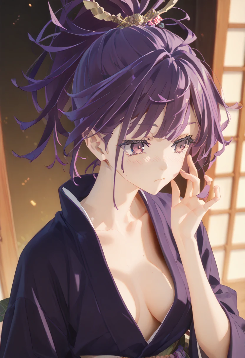 (Masterpiece, top quality: 1.4), high resolution, super fine illustration, fine skin, fine face, fine eye,Wow、Hair accessories、Purple Eyes、 ponytail、Purple Hair、
 cleavage、kimono、 exposed shoulder 、clavicle、Side slits、