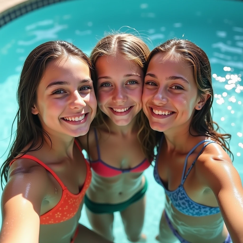 3 young tween girls, , American, naked, by the pool, tan lines , blonde straight hair, tight necklace , beautiful