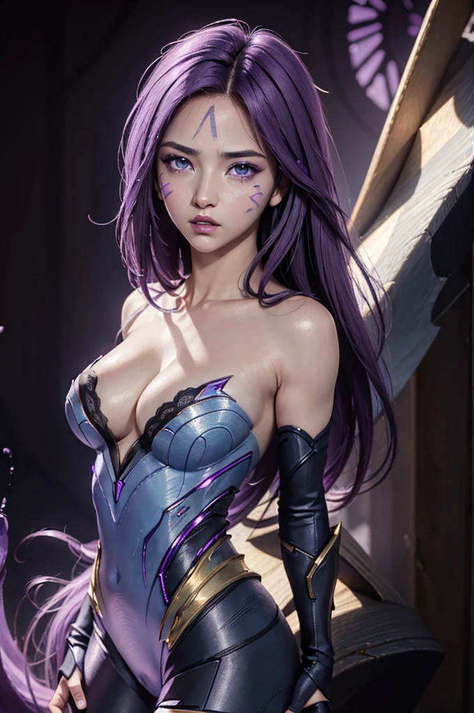 game character, beautiful, masterpiece, best quality, ((pretty eyes), (delicate face)), purple hair, animation, 1girl, (Kai'sa), dark background