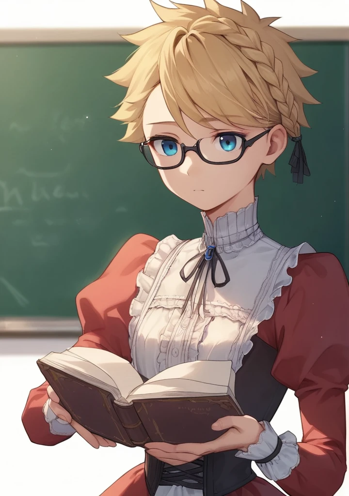  1 girl, Alone,  long hair,  braid, Blonde, Swept-apart bangs,  blue eyes ,  opens her mouth,Surprised ,panic,  white shirt ,  Long Sleeve . frills,  red dress , White petticoat.  black corset ,  Put your hands on your face,  cowboy shot, indoor, Victorian, classroom, upper body   score_9,  score_8_up,  score_7_up,  score_6_up,  score_5_up,  score_4_up, BREAK source_Anime, masterpiece