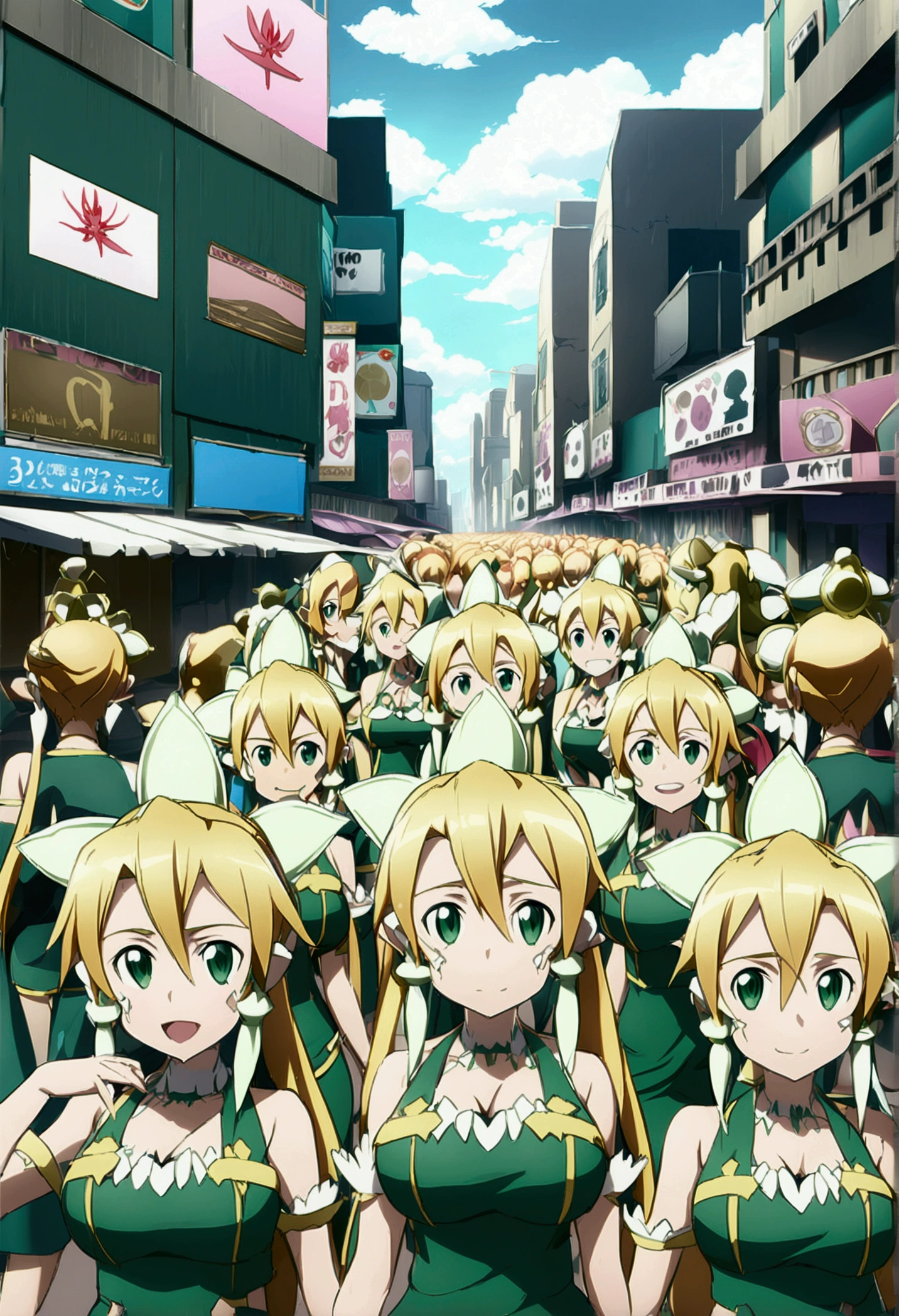 ((( leafa \(terraria\), sword art online))), masterpiece, best quality, very aesthetic, absurdres, anime artwork, anime style, key visual, vibrant, studio anime, highly detailed, large breasts(((An infinite number of girls with the same face and the same figure)))(((cloned face)))
(((similar identical twins)))
All the girls have the exact same face, The two have the same face and figure, as if they were mirror images