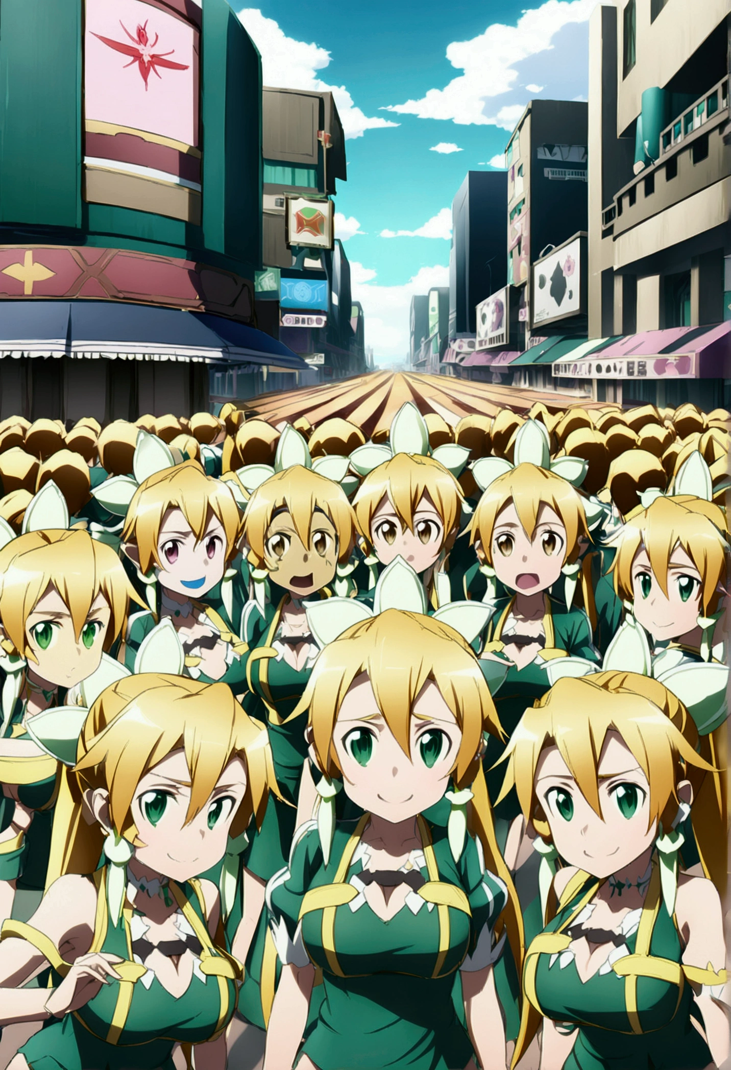 ((( leafa \(terraria\), sword art online))), masterpiece, best quality, very aesthetic, absurdres, anime artwork, anime style, key visual, vibrant, studio anime, highly detailed, large breasts(((An infinite number of girls with the same face and the same figure)))(((cloned face)))
(((similar identical twins)))
All the girls have the exact same face, The two have the same face and figure, as if they were mirror images