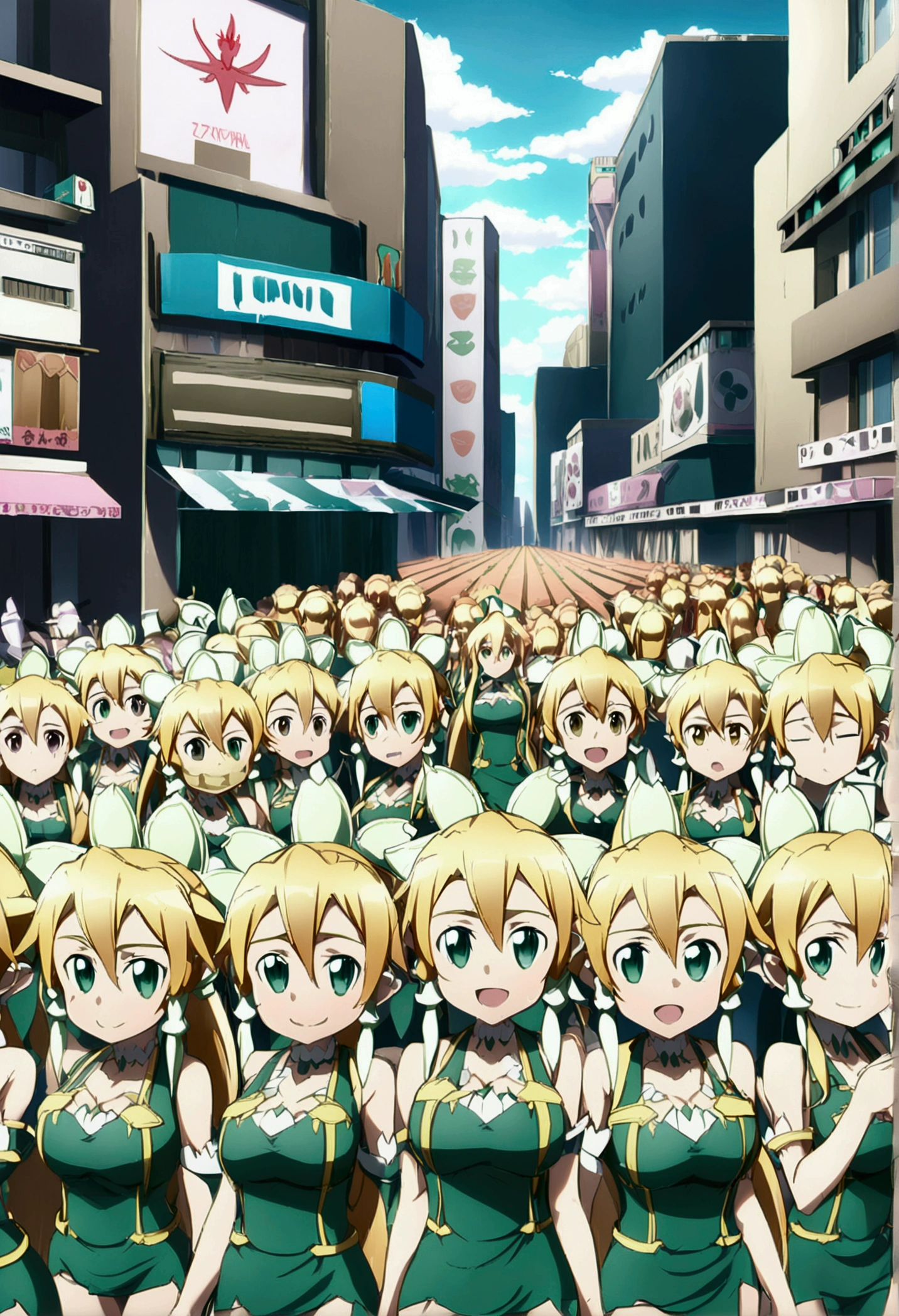 ((( leafa \(terraria\), sword art online))), masterpiece, best quality, very aesthetic, absurdres, anime artwork, anime style, key visual, vibrant, studio anime, highly detailed, large breasts(((An infinite number of girls with the same face and the same figure)))(((cloned face)))
(((similar identical twins)))
All the girls have the exact same face, The two have the same face and figure, as if they were mirror images