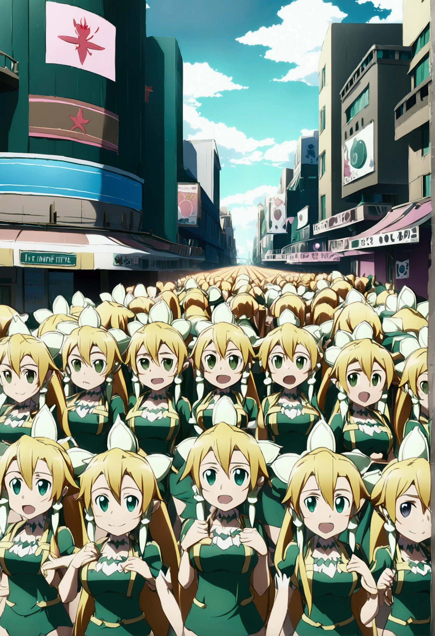 ((( leafa \(terraria\), sword art online))), masterpiece, best quality, very aesthetic, absurdres, anime artwork, anime style, key visual, vibrant, studio anime, highly detailed, large breasts(((An infinite number of girls with the same face and the same figure)))(((cloned face)))
(((similar identical twins)))
All the girls have the exact same face, The two have the same face and figure, as if they were mirror images