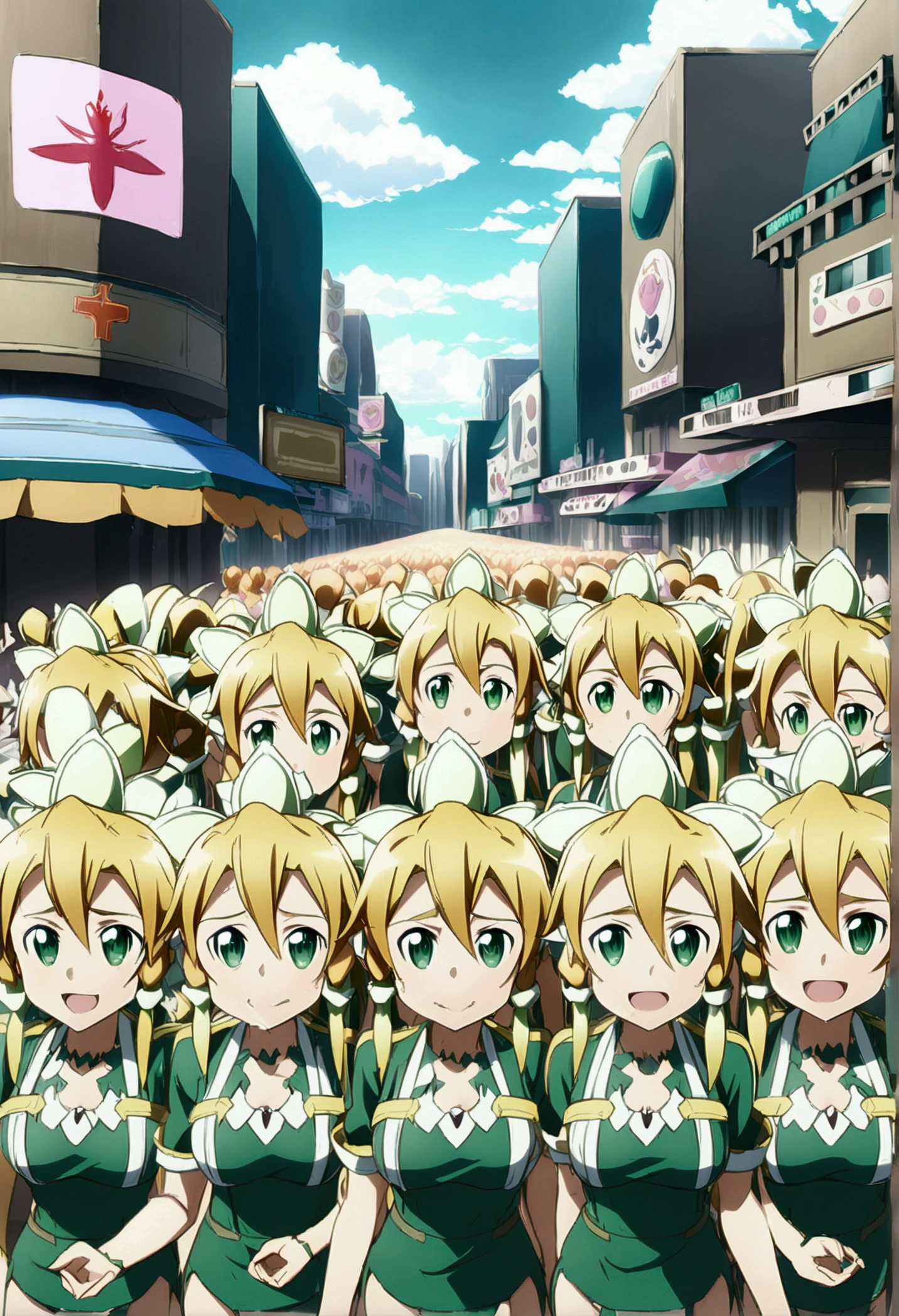 ((( leafa \(terraria\), sword art online))), masterpiece, best quality, very aesthetic, absurdres, anime artwork, anime style, key visual, vibrant, studio anime, highly detailed, large breasts(((An infinite number of girls with the same face and the same figure)))(((cloned face)))
(((similar identical twins)))
All the girls have the exact same face, The two have the same face and figure, as if they were mirror images