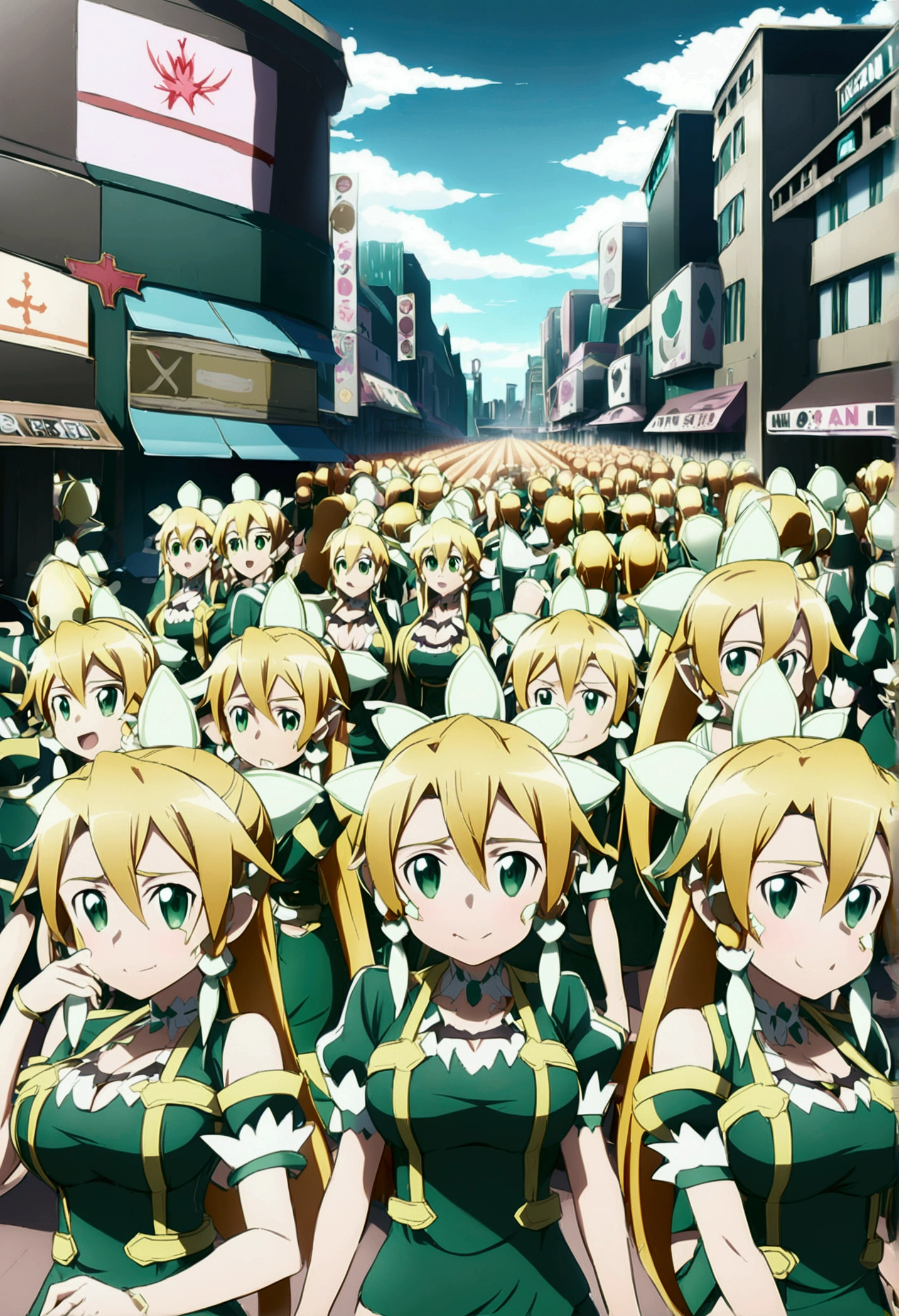 ((( leafa \(terraria\), sword art online))), masterpiece, best quality, very aesthetic, absurdres, anime artwork, anime style, key visual, vibrant, studio anime, highly detailed, large breasts(((An infinite number of girls with the same face and the same figure)))(((cloned face)))
(((similar identical twins)))
All the girls have the exact same face, The two have the same face and figure, as if they were mirror images