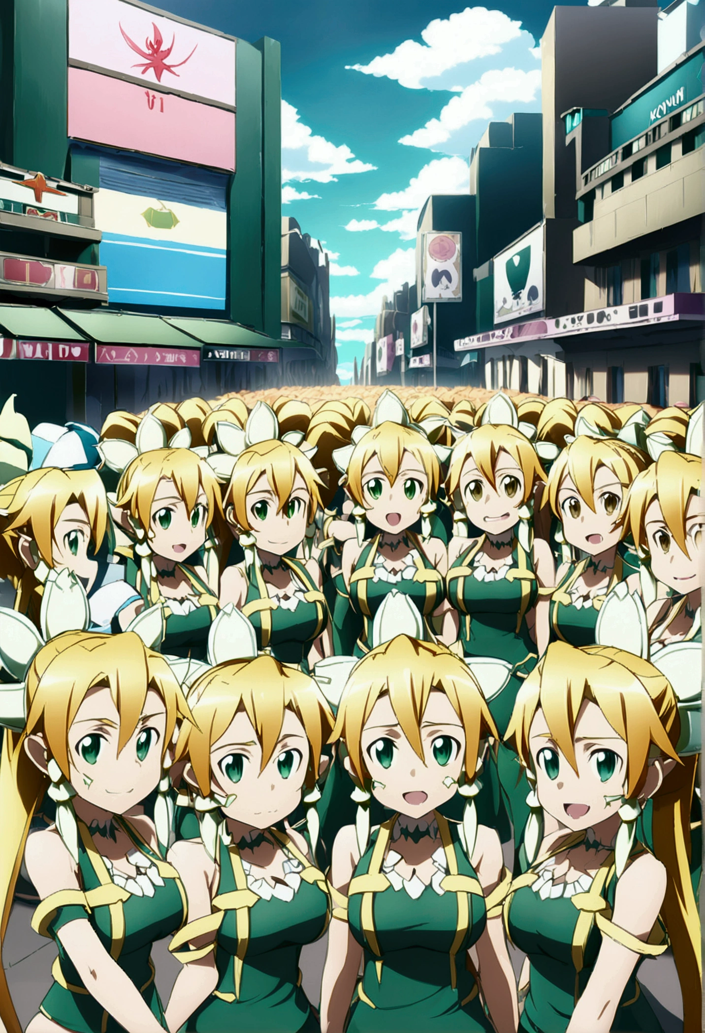 ((( leafa \(terraria\), sword art online))), masterpiece, best quality, very aesthetic, absurdres, anime artwork, anime style, key visual, vibrant, studio anime, highly detailed, large breasts(((An infinite number of girls with the same face and the same figure)))(((cloned face)))
(((similar identical twins)))
All the girls have the exact same face, The two have the same face and figure, as if they were mirror images