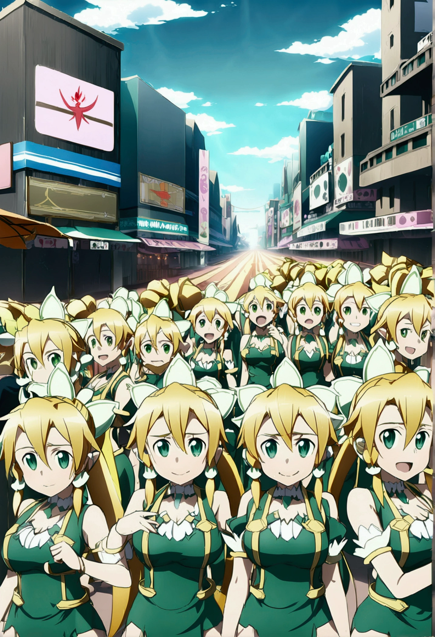 ((( leafa \(terraria\), sword art online))), masterpiece, best quality, very aesthetic, absurdres, anime artwork, anime style, key visual, vibrant, studio anime, highly detailed, large breasts(((An infinite number of girls with the same face and the same figure)))(((cloned face)))
(((similar identical twins)))
All the girls have the exact same face, The two have the same face and figure, as if they were mirror images