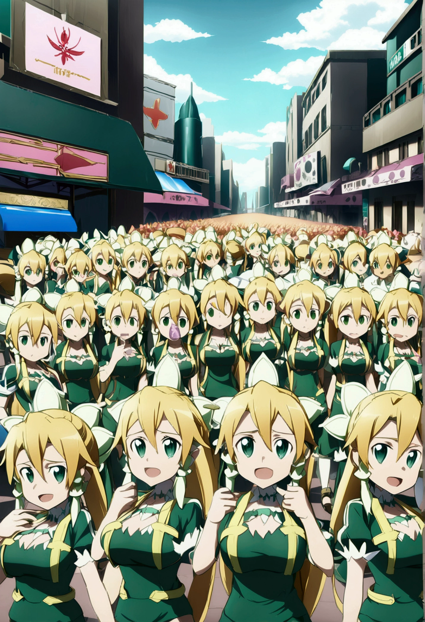 ((( leafa \(terraria\), sword art online))), masterpiece, best quality, very aesthetic, absurdres, anime artwork, anime style, key visual, vibrant, studio anime, highly detailed, large breasts(((An infinite number of girls with the same face and the same figure)))(((cloned face)))
(((similar identical twins)))
All the girls have the exact same face, The two have the same face and figure, as if they were mirror images