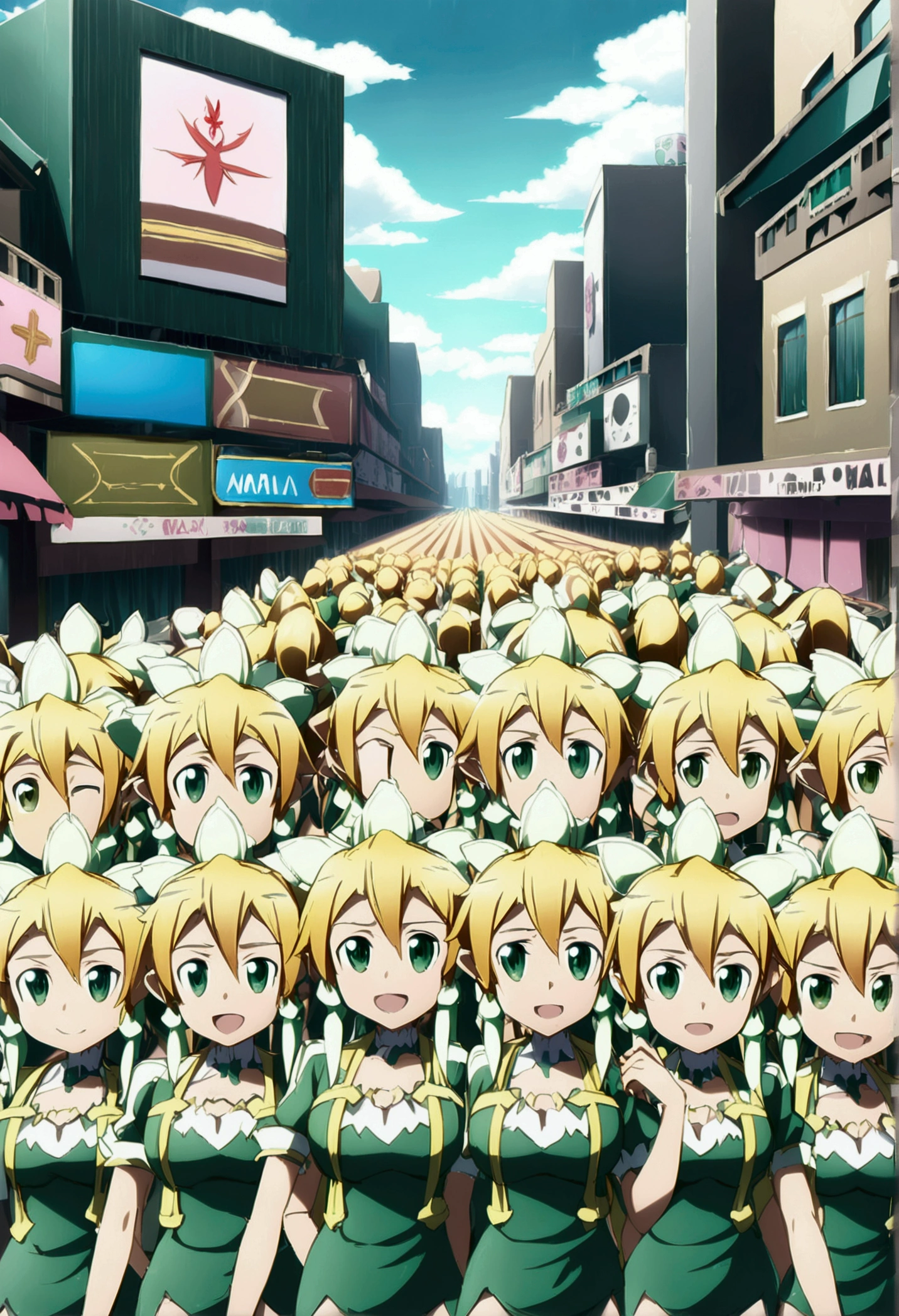 ((( leafa \(terraria\), sword art online))), masterpiece, best quality, very aesthetic, absurdres, anime artwork, anime style, key visual, vibrant, studio anime, highly detailed, large breasts(((An infinite number of girls with the same face and the same figure)))(((cloned face)))
(((similar identical twins)))
All the girls have the exact same face, The two have the same face and figure, as if they were mirror images