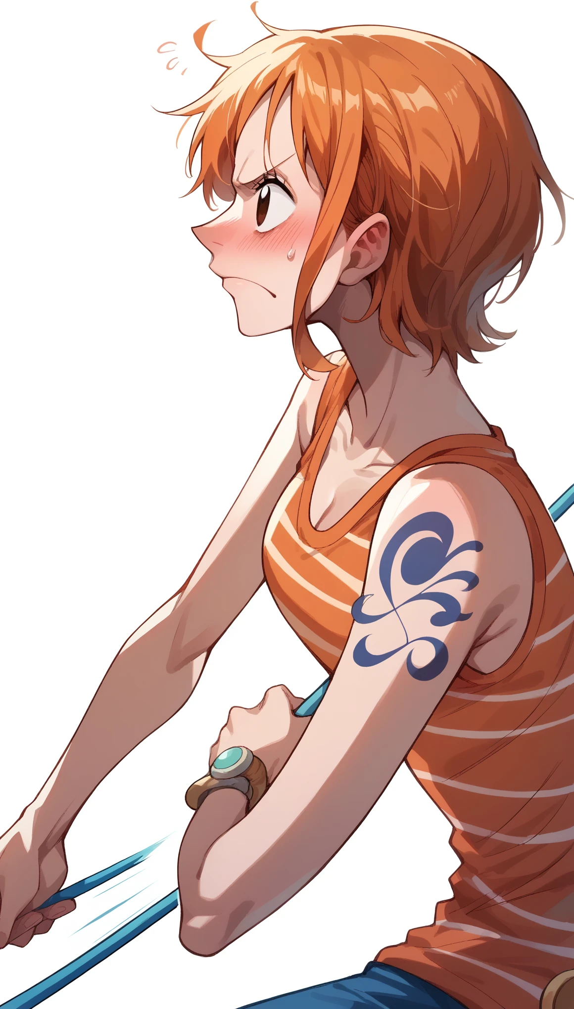 Anime, One Piece, Nami, orange short hair, dynamic pose, embarrassed face, profile, blushing, swinging a stick