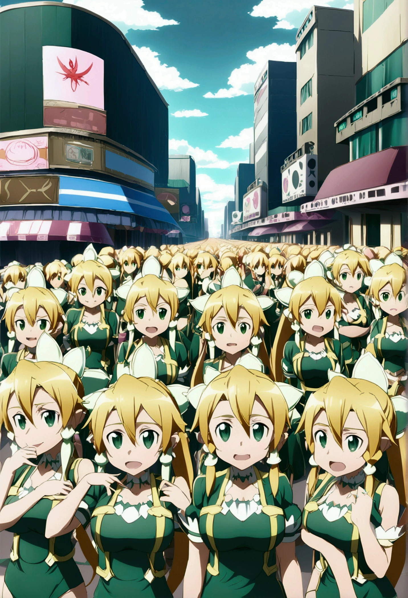 ((( leafa \(terraria\), sword art online))), masterpiece, best quality, very aesthetic, absurdres, anime artwork, anime style, key visual, vibrant, studio anime, highly detailed, large breasts(((An infinite number of girls with the same face and the same figure)))(((cloned face)))
(((similar identical twins)))
All the girls have the exact same face, The two have the same face and figure, as if they were mirror images