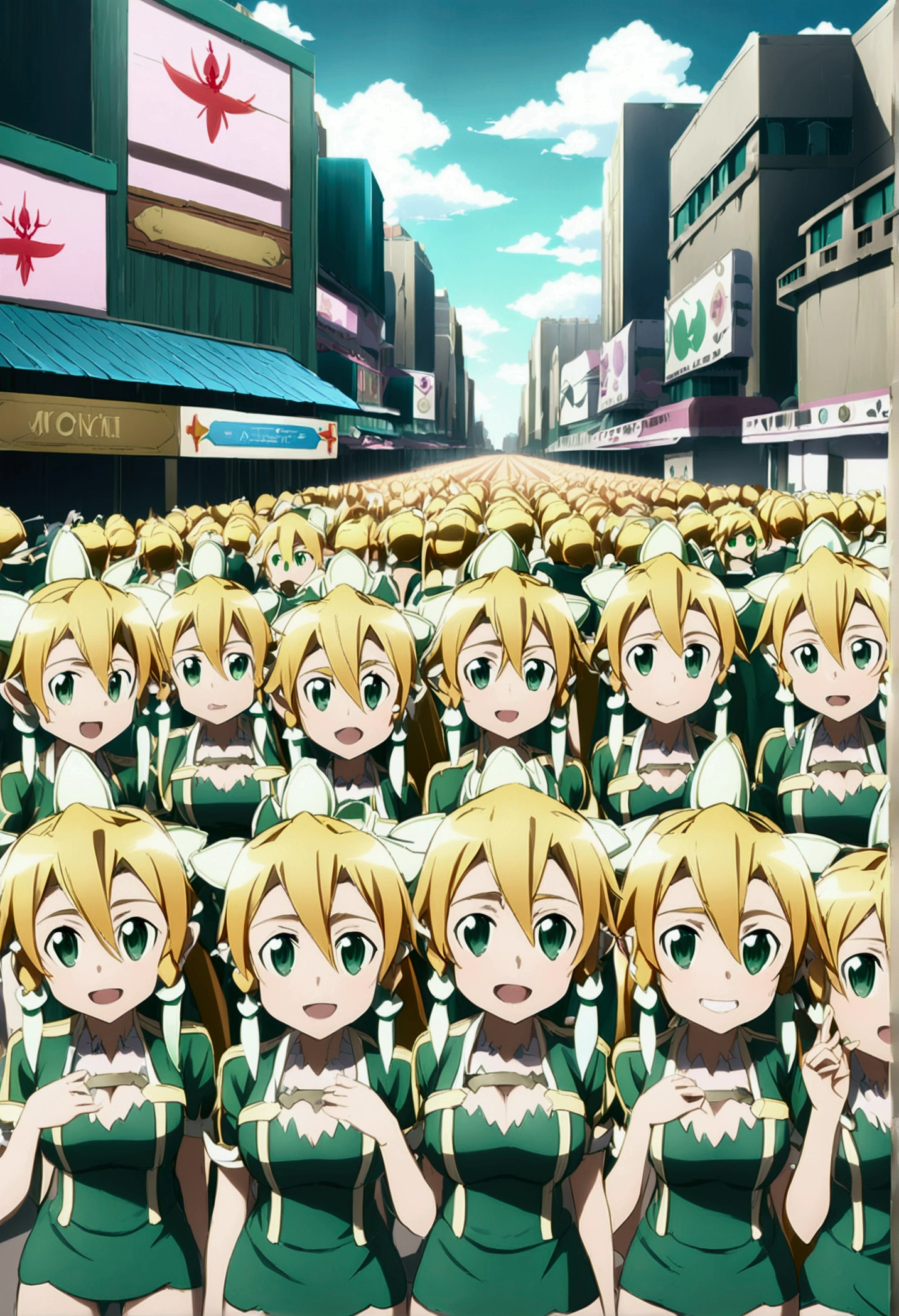 ((( leafa \(terraria\), sword art online))), masterpiece, best quality, very aesthetic, absurdres, anime artwork, anime style, key visual, vibrant, studio anime, highly detailed, large breasts(((An infinite number of girls with the same face and the same figure)))(((cloned face)))
(((similar identical twins)))
All the girls have the exact same face, The two have the same face and figure, as if they were mirror images