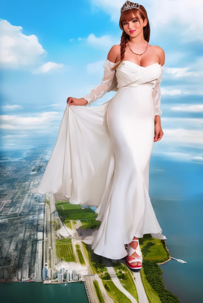 1, massive 100 miles tall giantess curvy bbw woman bigger the whole cities, beautiful curves a massive thighs, ginger hair in a long fishtail braid, lipstick,  Young adult woman beautiful curves a massive thighs lipstick wearing a perfect long flowing pure white wedding gown dress that reaches the floor covering feet with fit-to-flare silhouette, heart shape on the bodice, large necklace , sleeves, (long trailling train and tiara and long veil), a long flowing train, colossal breasts. Platform high heels , standing, giantess art, highly detailed giantess shots, giantess, most detailed, perfect face, Two legs, Five fingers, short hair, A girl who is bigger than a skyscraper, standing on very small city, skyscarpers at their feet, skyscrapers small, smile, huge breasts, major metropolis, numerous cities, , A very small big city, Miniature metropolis, Full body description, GTS, giga giantess, gigagts, stomping city, crush city, tiny city, micro city, , High resolution, highest quality, masterpiece,  tiny destroyed skyscrapers city, illustration, skyscrapers size of small toys standing behind and very far away from city, (masterpiece, best quality, best shadows, best shading, perfect hands, perfect face, cinematic lighting, colorful, ultra-detailed, beautiful photography, character focus, extremely-detailed, photorealistic, hyper photorealism, atmospheric),), (giantess, stereotypical), ((walking, mid stride:1.2, stepping down on:1.2, white platform Louboutin rounded toe pumps, high heels, platform heels), ((,)), ((long braid hair with front bangs)), (high altitude photography, satellite view), (curvy, , heaving bosom, legs), (mega city, urban sprawl, and small towns, destruction, buildings, roads), (((cloudy, overc. The image is a high-resolution, masterpiece-quality, cinematic, ultra-detailed, and hyper-photorealistic photograph, with perfect hands, face, and lighting. ultra-detailed, 8K, photo-realistic, hyper-realistic, masterpiece, intricate details, full body view