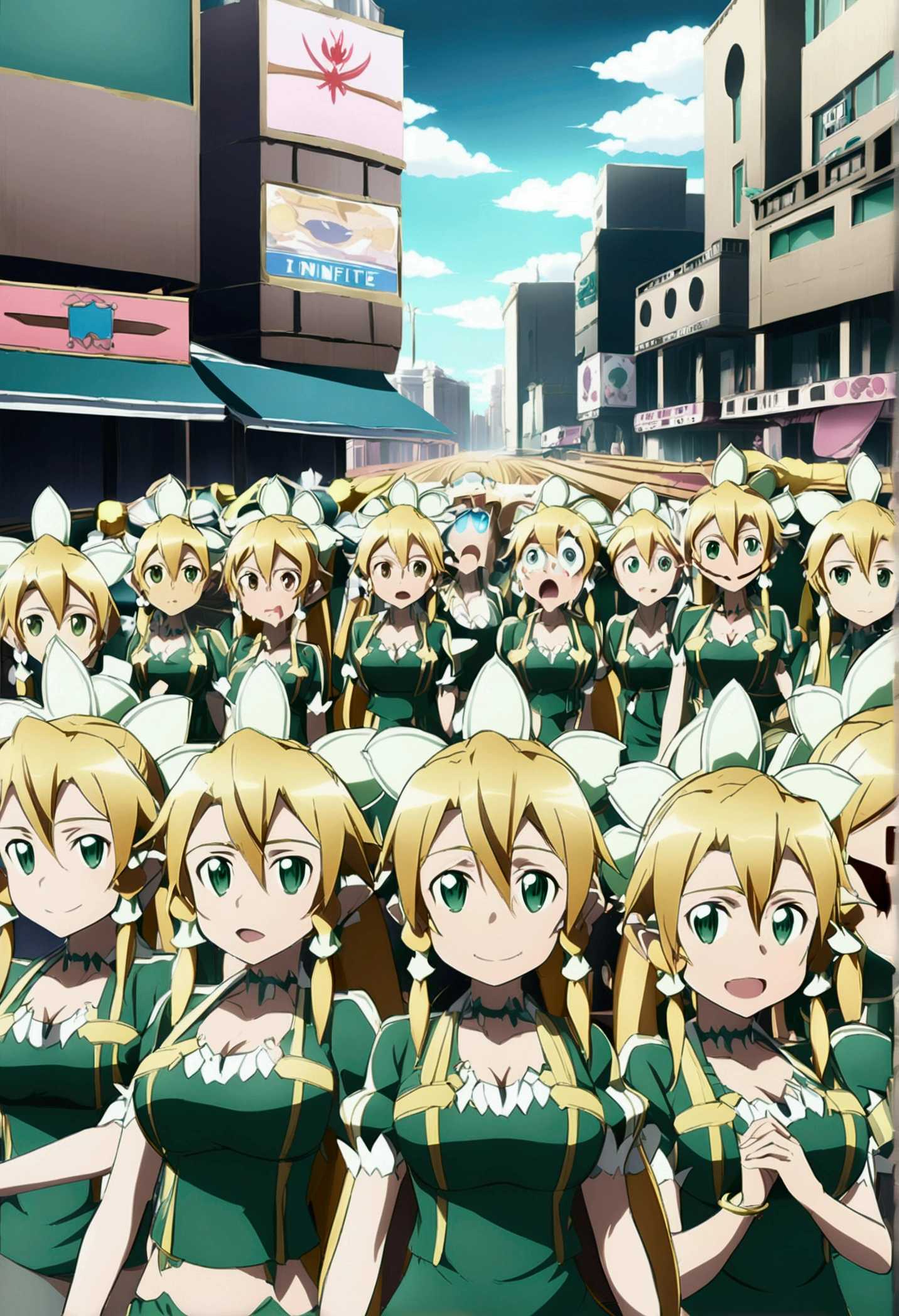 ((( leafa \(terraria\), sword art online))), masterpiece, best quality, very aesthetic, absurdres, anime artwork, anime style, key visual, vibrant, studio anime, highly detailed, large breasts(((An infinite number of girls with the same face and the same figure)))(((cloned face)))
(((similar identical twins)))
All the girls have the exact same face, The two have the same face and figure, as if they were mirror images