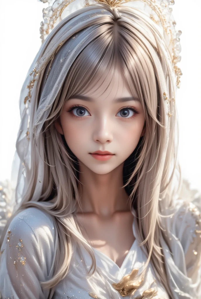 photo of Japanese girl, focus on the eyes, 1girl, long hair, light brown hair, slim body shape, high contrast, detailed eyes, detailed hair, Position your eyes closer to your nose, 20yo, smile, 

This is a highly detailed, animated digital artwork depicting a young woman with an ethereal, otherworldly appearance. She has long, flowing silvery-white hair adorned with intricate floral patterns and golden accents, which cascades down her back and shoulders. Her large, expressive blue eyes are framed by long, delicate eyelashes and she has a calm, melancholy expression. She is dressed in a thin white lacy garment, with a slender frame and a hint of small breasts.

The background is a vibrant garden of white flowers, richly textured and intricately detailed. White flowers surround her, creating a mysterious, fairy-like atmosphere. Glittering particles and rays of light emanate from her hair and flowers, adding to the magical atmosphere of the work.

The overall composition is very symmetrical, with the woman's face and body in the centre, surrounded by white floral elements. The image is rich in detail and colour, displaying the high realism and vibrancy characteristic of high-quality digital art.

