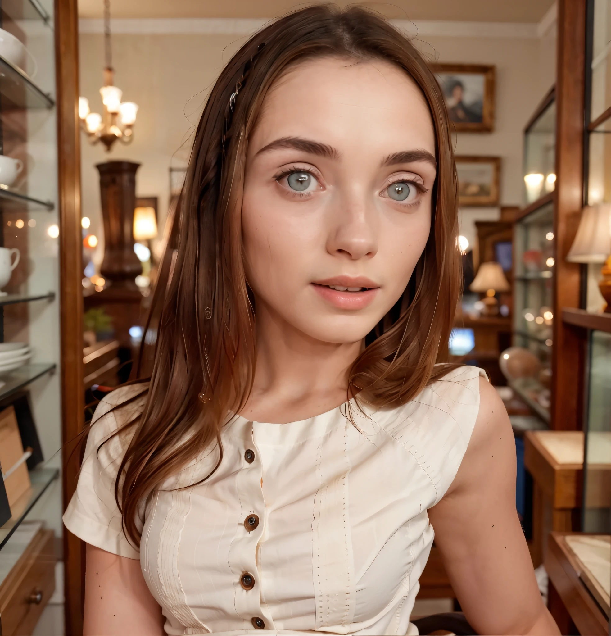 RAW photo, (a portrait photo of a woman: 1.2), ((in antique store: 1.1)), (highly detailed skin: 1.2), detailed eyes, best quality lighting, beautiful.  button shirt, miniskirt, model legs, (high class: 1.1) (photorealistic: 1.4), (realistic: 1.3), (best quality real textured skin: 1.4), eyes with fine details, good quality of eyes. . , (increase beauty skin texture: 1.1) standing, 29 years old, pleasure: 1.3), real clothes, , 4k extremely ,