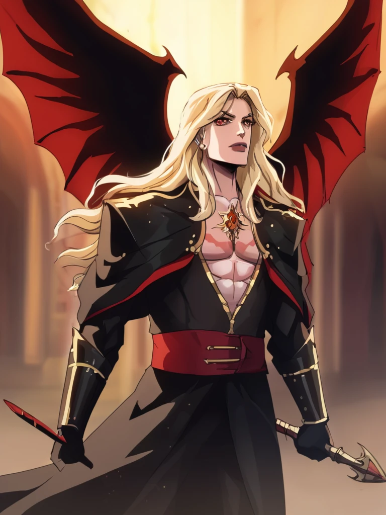 Dracula 
In his regal form, Vlad Nyxiel is a towering, shadowy figure dressed in ancient, obsidian armor adorned with dark, flowing robes that shimmer like the cosmos. His eyes are pools of crimson and starlight, shifting between a calm, piercing gaze and a predatory, beastly glare. His presence is magnetic and terrifying, drawing people in while hinting at the overwhelming danger within. When enraged, he transforms into a demonic, winged vampire with dark energy swirling around him, a visage that merges shadow and nightmare into a single terrifying entity.