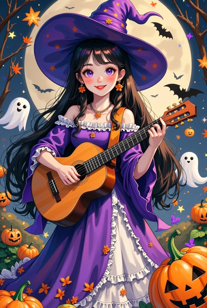  beautiful forest witch princess playing guitar，Huge cute ghost  ,  Laugh out loud ， Unique，Halloween，