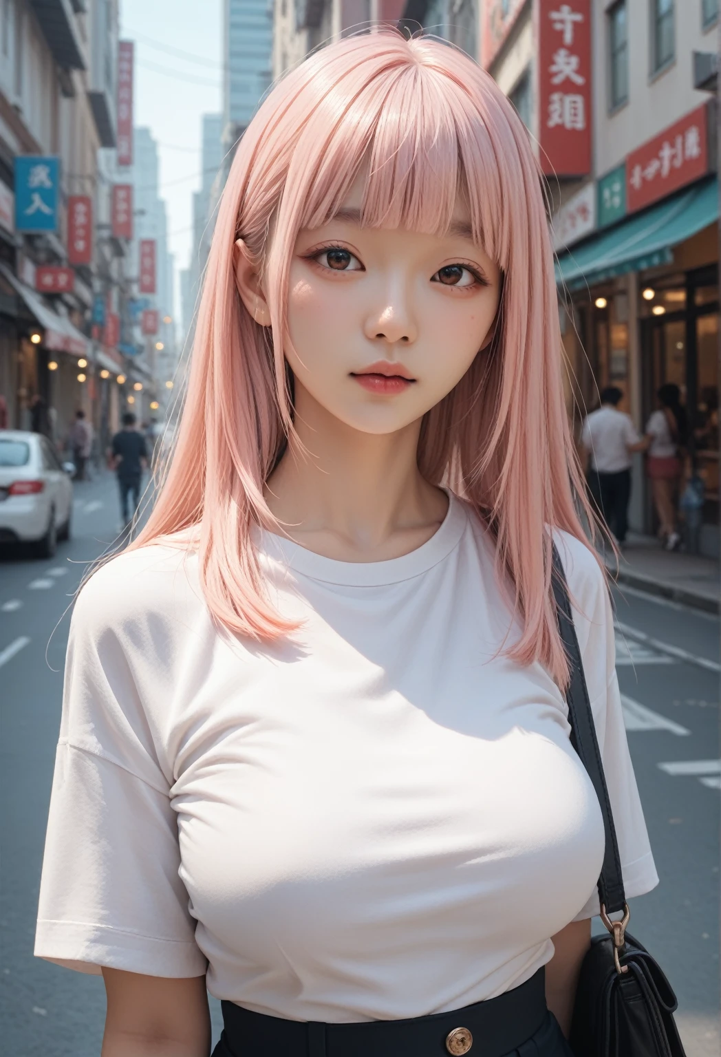 1 girl,asian,light pink hair,blunt bangs,busty,city