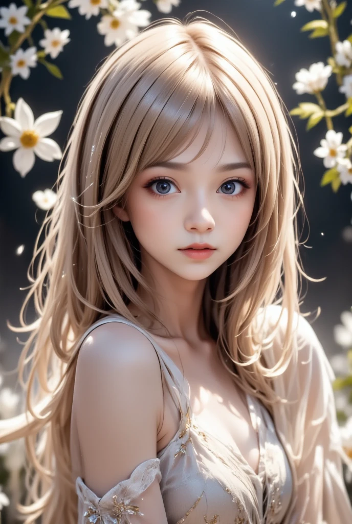 photo of Japanese girl, focus on the eyes, 1girl, long hair, light brown hair, slim body shape, high contrast, detailed eyes, detailed hair, Position your eyes closer to your nose, 20yo, smile, 

This is a highly detailed, animated digital artwork depicting a young woman with an ethereal, otherworldly appearance. She has long, flowing silvery-white hair adorned with intricate floral patterns and golden accents, which cascades down her back and shoulders. Her large, expressive blue eyes are framed by long, delicate eyelashes and she has a calm, melancholy expression. She is dressed in a thin white lacy garment, with a slender frame and a hint of small breasts.

The background is a vibrant garden of white flowers, richly textured and intricately detailed. White flowers surround her, creating a mysterious, fairy-like atmosphere. Glittering particles and rays of light emanate from her hair and flowers, adding to the magical atmosphere of the work.

The overall composition is very symmetrical, with the woman's face and body in the centre, surrounded by white floral elements. The image is rich in detail and colour, displaying the high realism and vibrancy characteristic of high-quality digital art.

