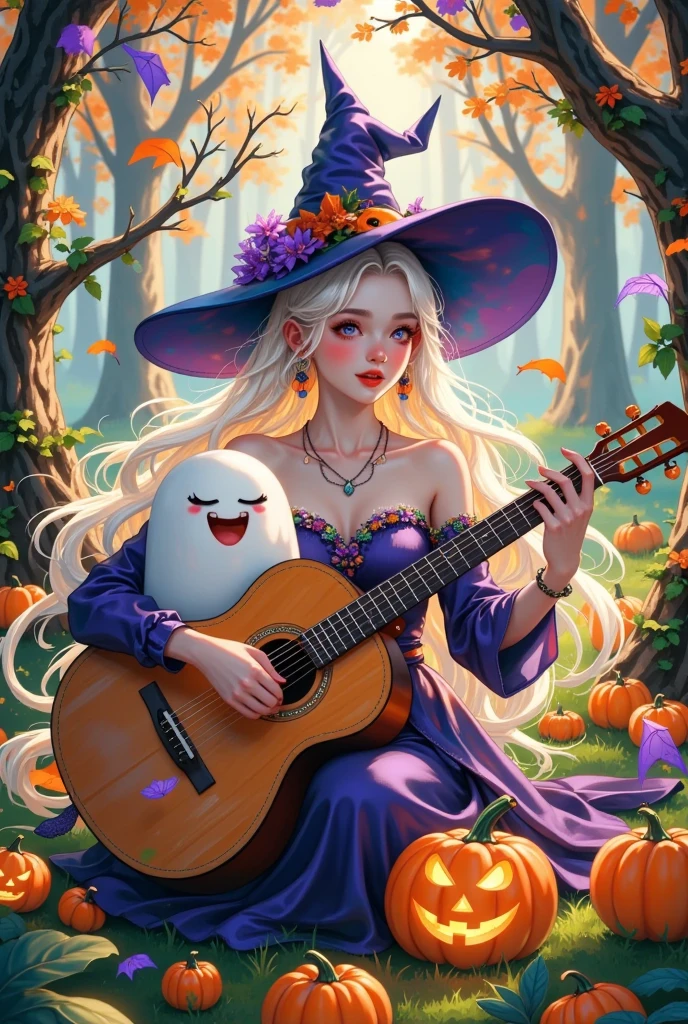  beautiful forest witch princess playing guitar，Huge cute ghost  ,  Laugh out loud ， Unique，Halloween，