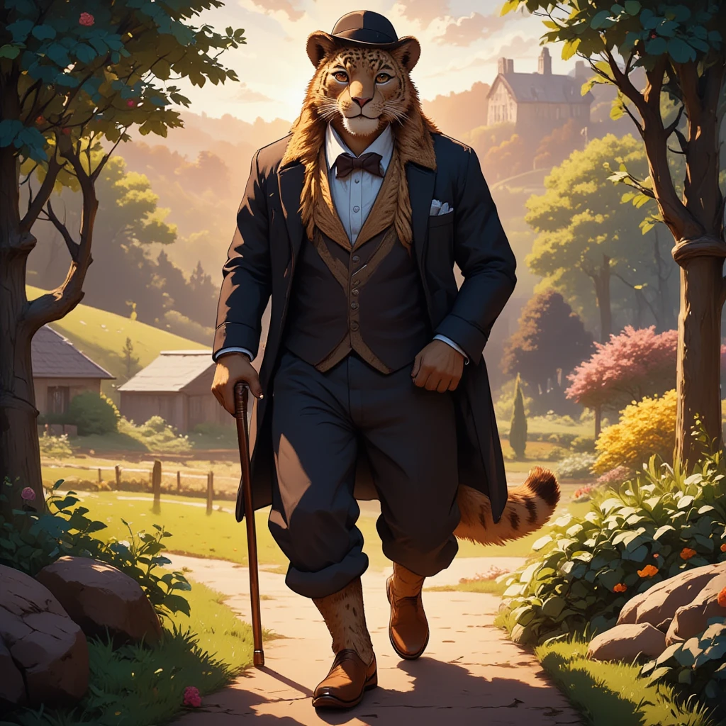 character focus, full body, looking away, dynamic angle, gentleman, middle-aged british jaguar man, elegant, little smile, gentleman suit, silk hat, stylish walking stick, strolling, elegant pose, BREAK BREAK full body in Michelangelo Buonarroti style, housamo style, digital illustration anime, detailed landscape design, afternoon, elegant english garden, path, full color, HDR, BREAK complete anatomy, perfect proportions, beautiful thigh gap, fluffy body, intricate fur details, beautiful fur texture, BREAK a detailed jaguar 1tail, detailed toe, 5toes, 5toes nails, detailed foot, detailed hands, 5fingers, 5fingers nails, BREAK aesthetic anime face, insanity detailed face, male face, big face, square jawline, aesthetic anime eyes, detailed brown eyes, detailed brown cornea, detailed dark brown irises, detailed pupils, male eyes, big eyes, male eyebrows, innocent look, beautiful beard, BREAK masterpiece, official art, best quality, very aesthetic, absurdres, super fine illustration, great quality, BREAK noise reduction, very highres, large filesize, high quality, 32K, 8k wallpaper, dynamic lighting, BREAK insanity detailed, ultra detailed, intricate details, extremely detailed, detailed texture, an extremely delicate and beautiful, BREAK e621 illustration, osukemo, kemohomo, anthropomorphic, furry, cartoon, harmonious, pastoral face, virtuous eyes, gentle atmosphere