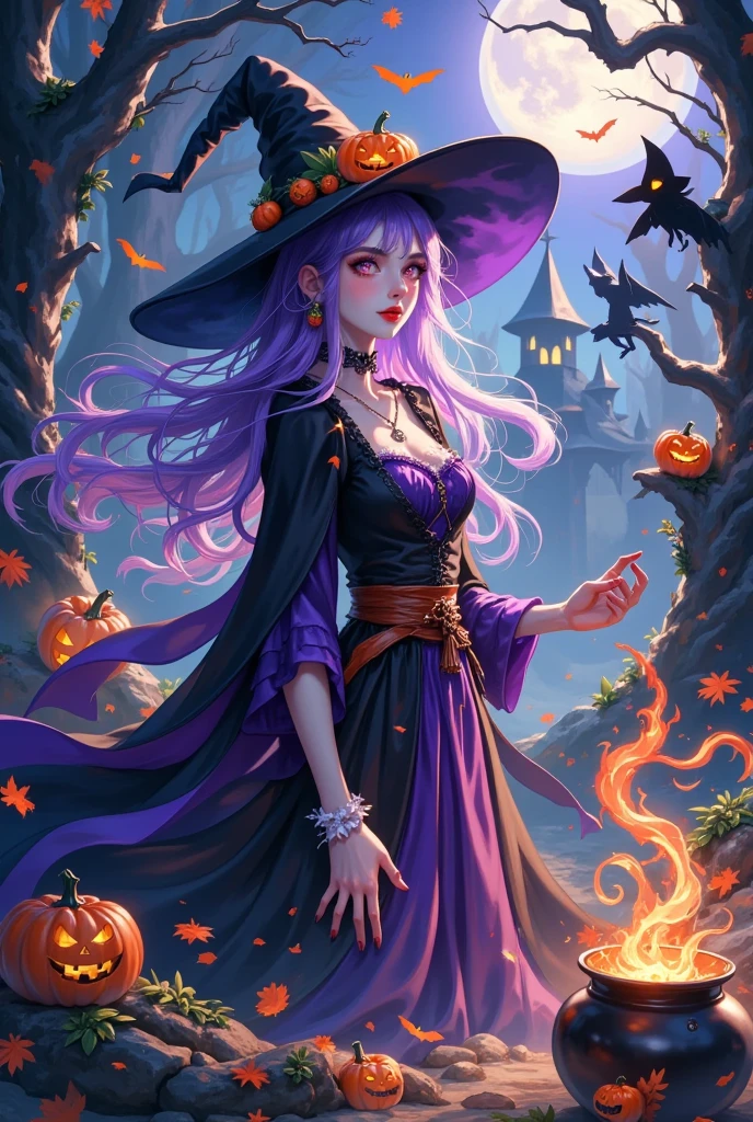 ( is the best quality,4K, high resolution,masterpiece:1.2), super detailed,( actual ,photo actual ,photo- actual :1.37),Halloween,witch,Full Moon, in a spooky forest ,Jack-o&#39;-lantern, ghostly atmosphere ,Ominous shadow,Dark and eerie atmosphere,Horrible trees with twisted branches,Foggy environment,Charming light,witch's broomstick,flying witches silhouettes,witch's cauldron bubbling with magical potions,Mesmerizing spells in the air,Mystical and mysterious atmosphere,witch's hat and cloak,Flickering eyes peering through the darkness,Ghostly creatures lurking in the shadows,Webs glittering in the dew,Howling of wolves in the distance,Haunting music,Autumn leaves rustling on the branches,Aura of mystery and enchantment,Deep purple and black ,Pale moonlight casting an ethereal glow,Whispers of ancient spells,Flickering torch flames,Silhouette of black cat in moonlight,Bats flying in the air, Burning with sparks，Sparks shoot into the night sky